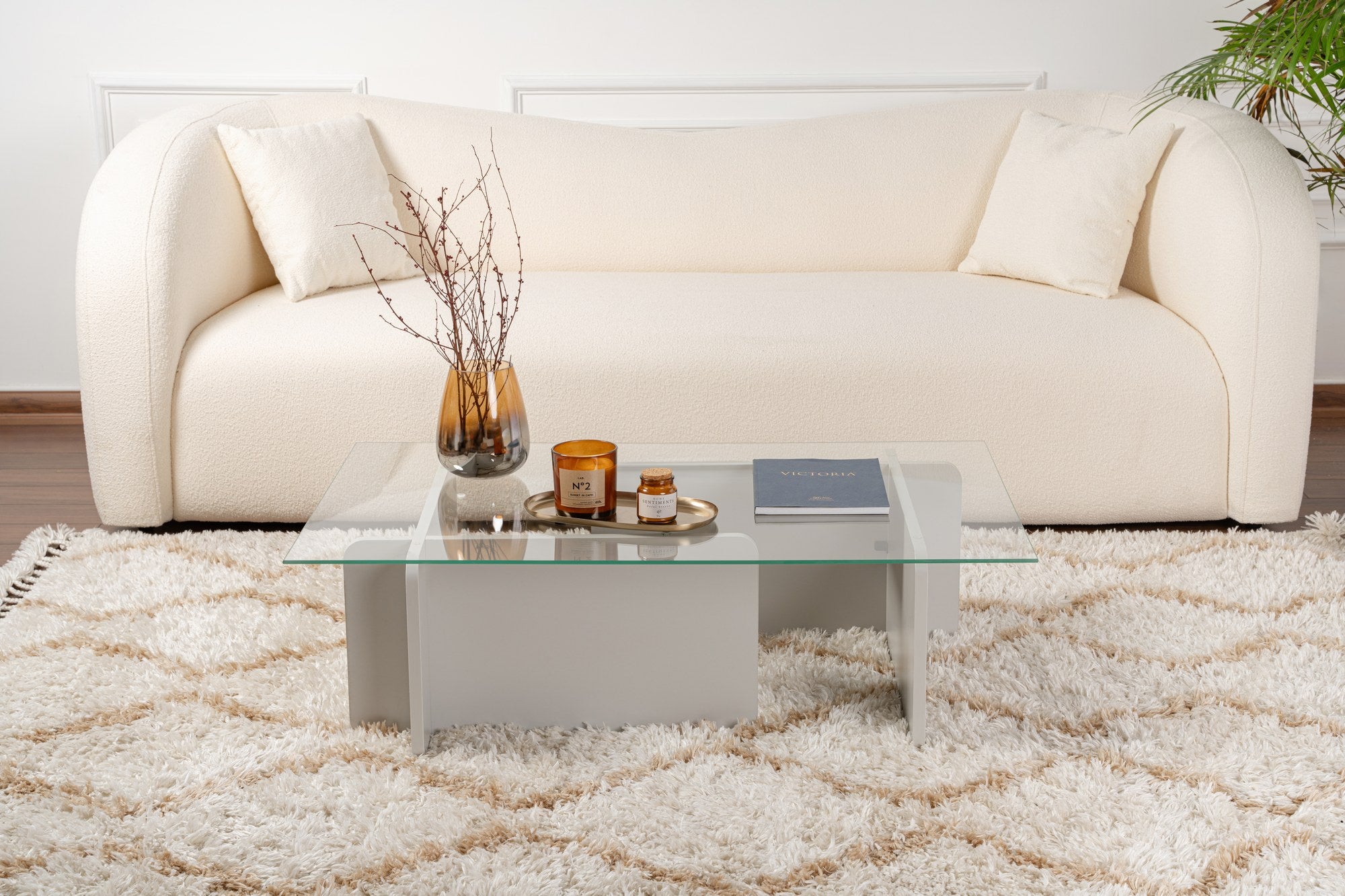 Mesa de Centro Cinza Elegante, 105 x 30 x 65 cm | Tampo 100% Vidro Temperado, Estrutura 100% Aglomerado Revestido em Melamina, 18 mm de Espessura | Design Moderno para Sala de Estar