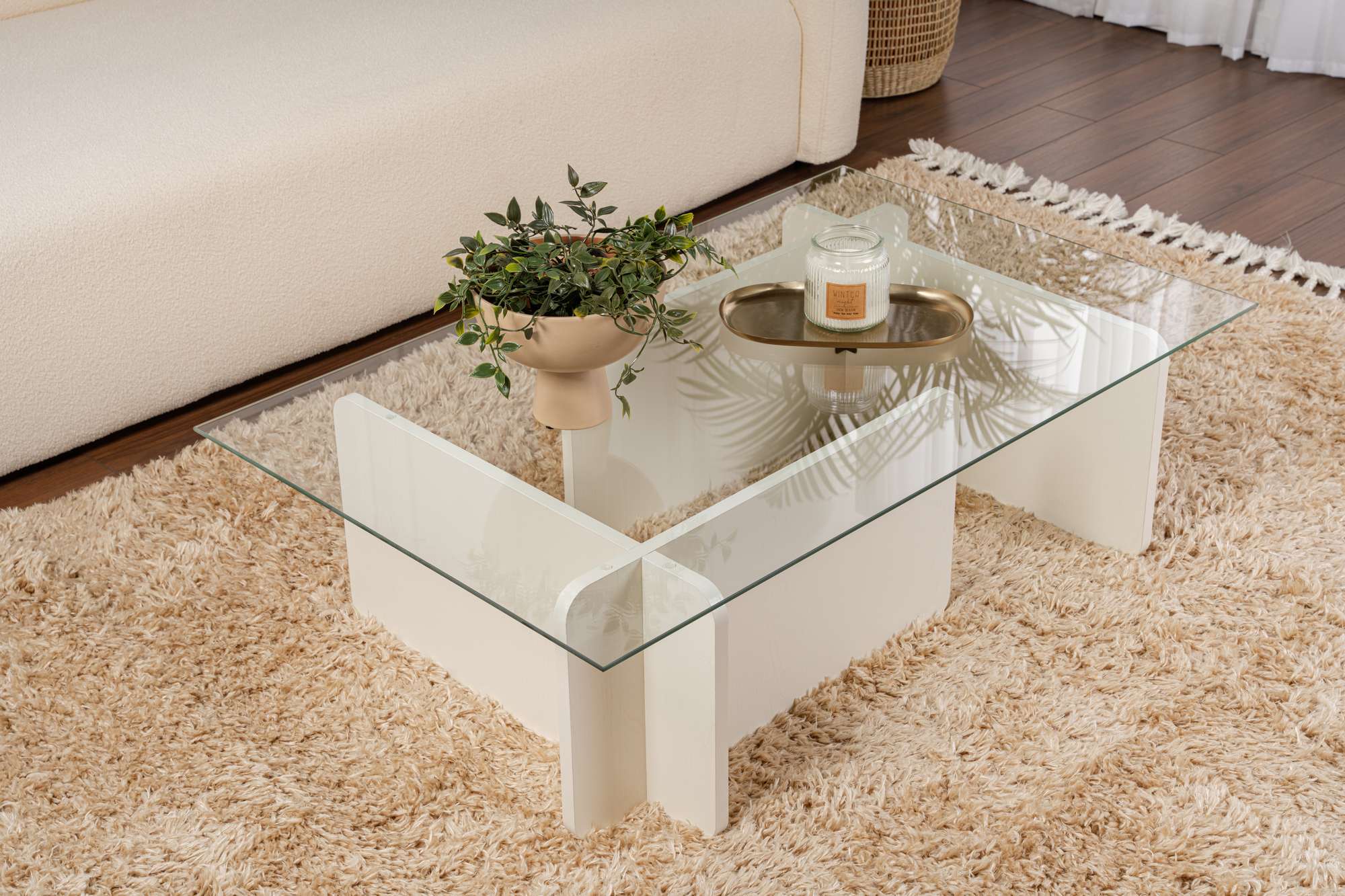 Mesa de Centro Elegante, 105 cm x 30 cm x 65 cm | Tampo 100% Vidro Temperado, Estrutura 100% Aglomerado Revestido com Melamina | Acabamento Branco Elegante para Espaços Modernos