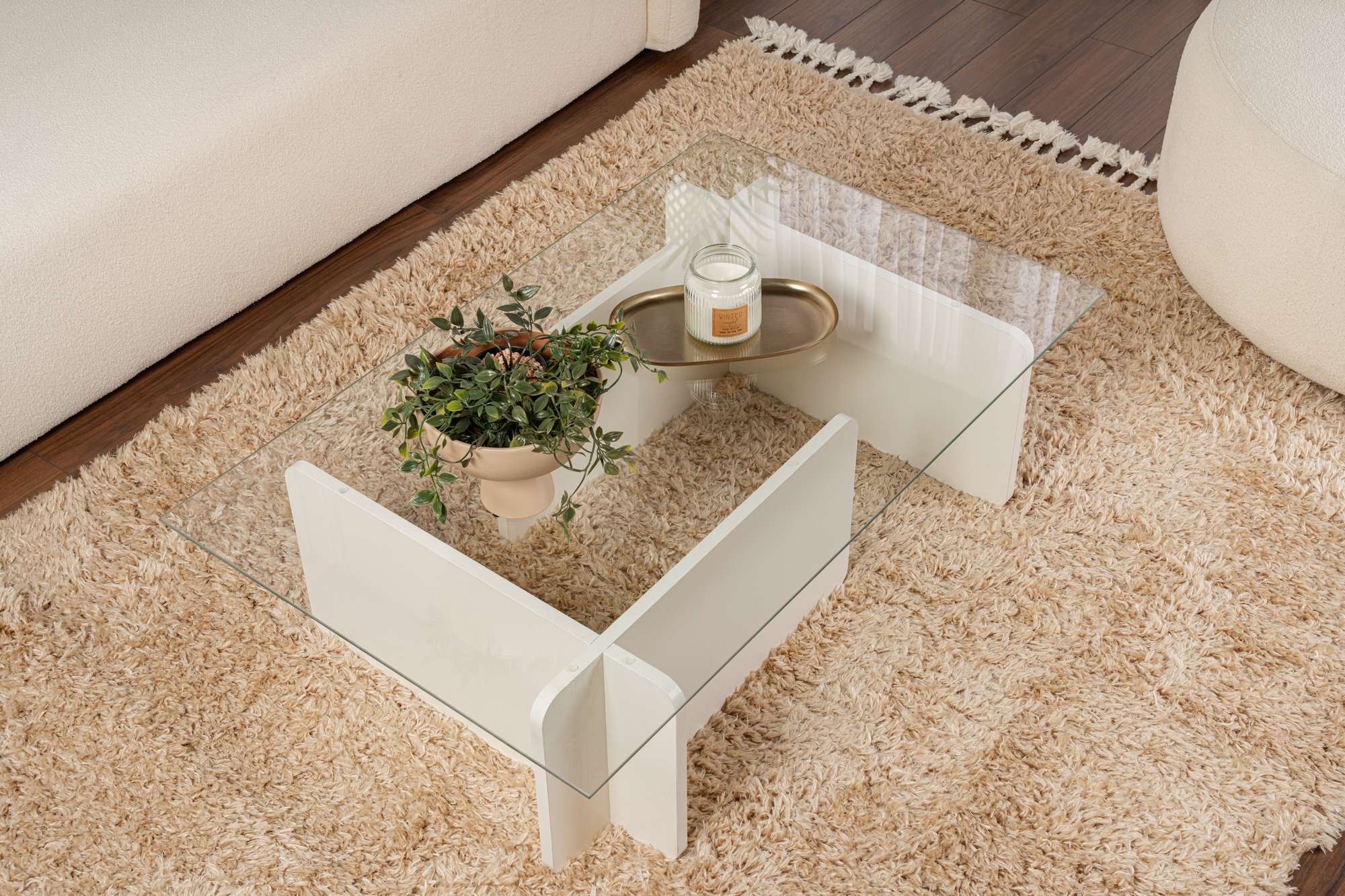 Mesa de Centro Elegante, 105 cm x 30 cm x 65 cm | Tampo 100% Vidro Temperado, Estrutura 100% Aglomerado Revestido com Melamina | Acabamento Branco Elegante para Espaços Modernos