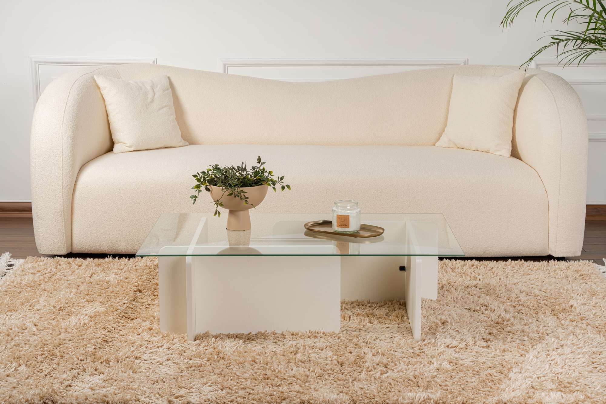Mesa de Centro Elegante, 105 cm x 30 cm x 65 cm | Tampo 100% Vidro Temperado, Estrutura 100% Aglomerado Revestido com Melamina | Acabamento Branco Elegante para Espaços Modernos