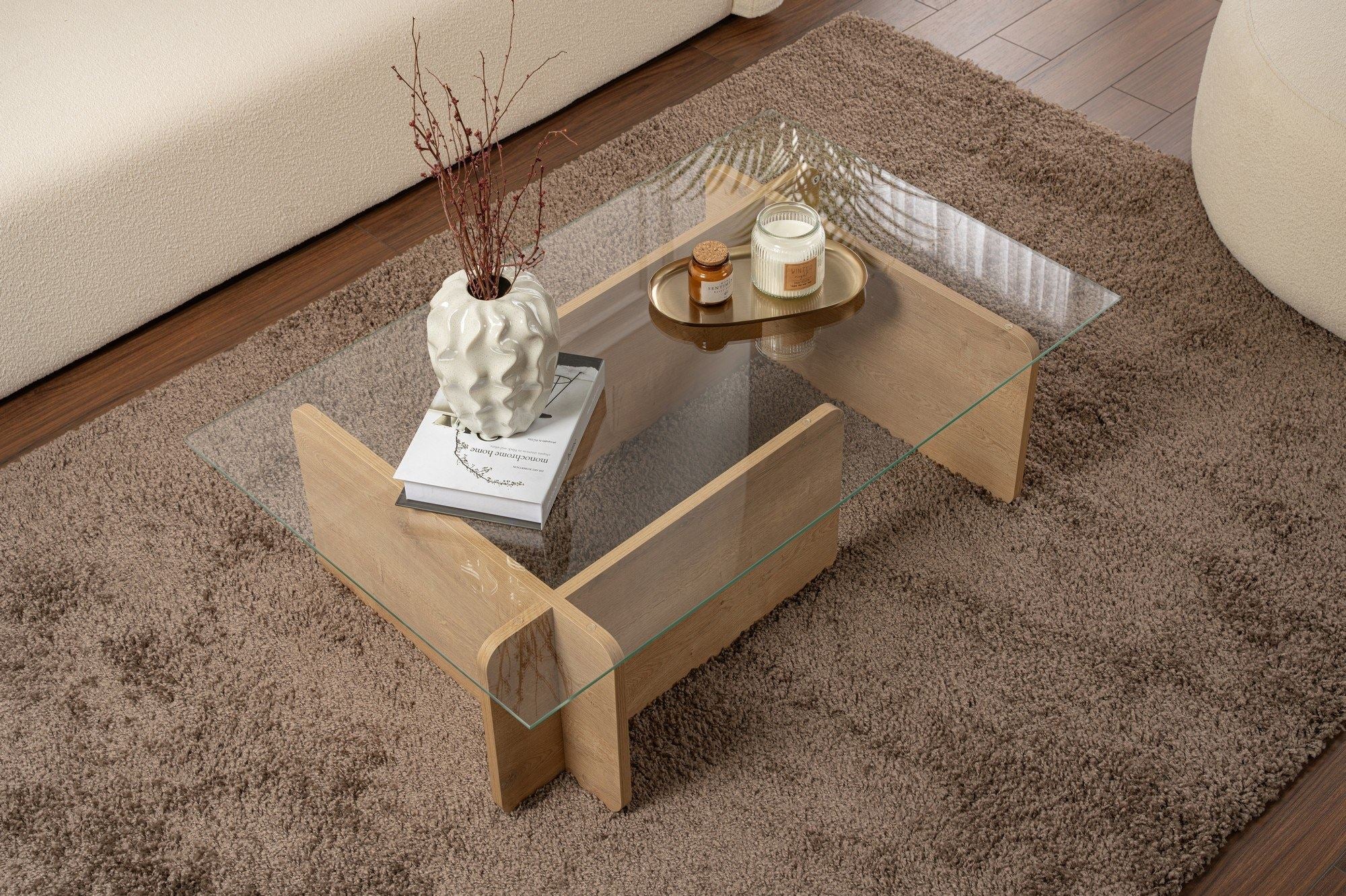 Mesa de Centro Elegante, Acabamento em Carvalho, 105 x 30 x 65 cm | Tampo 100% em Vidro Temperado, Estrutura com Revestimento em Melamina de 18 mm de Espessura | Perfeita para Espaços Modernos