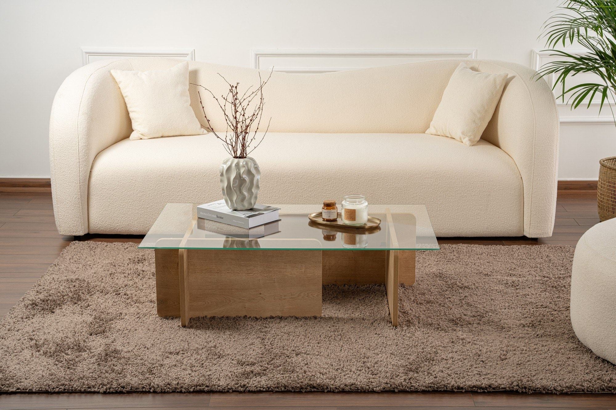 Mesa de Centro Elegante, Acabamento em Carvalho, 105 x 30 x 65 cm | Tampo 100% em Vidro Temperado, Estrutura com Revestimento em Melamina de 18 mm de Espessura | Perfeita para Espaços Modernos