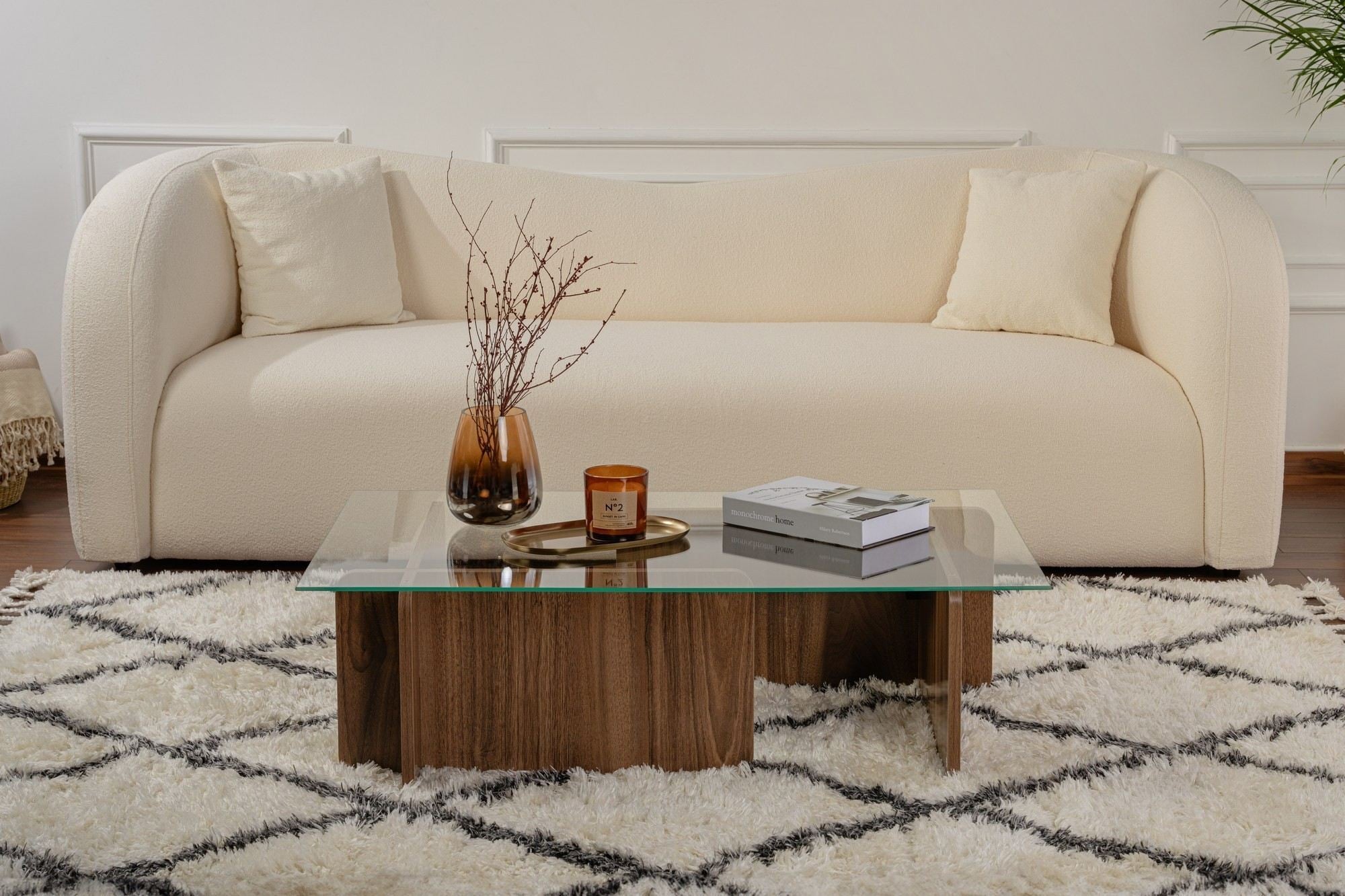 Mesa de Centro Elegante, Acabamento em Nogueira, 105 x 30 x 65 cm | Tampo 100% Vidro Temperado, Estrutura com Revestimento em Melamina de 18 mm de Espessura | Perfeita para Salas de Estar Modernas