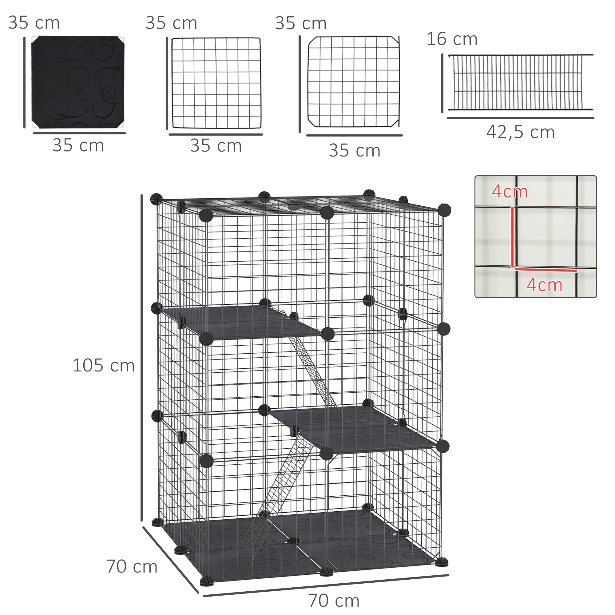 Recinto para Animais de Estimação 70x70x105 cm - Cor Preto