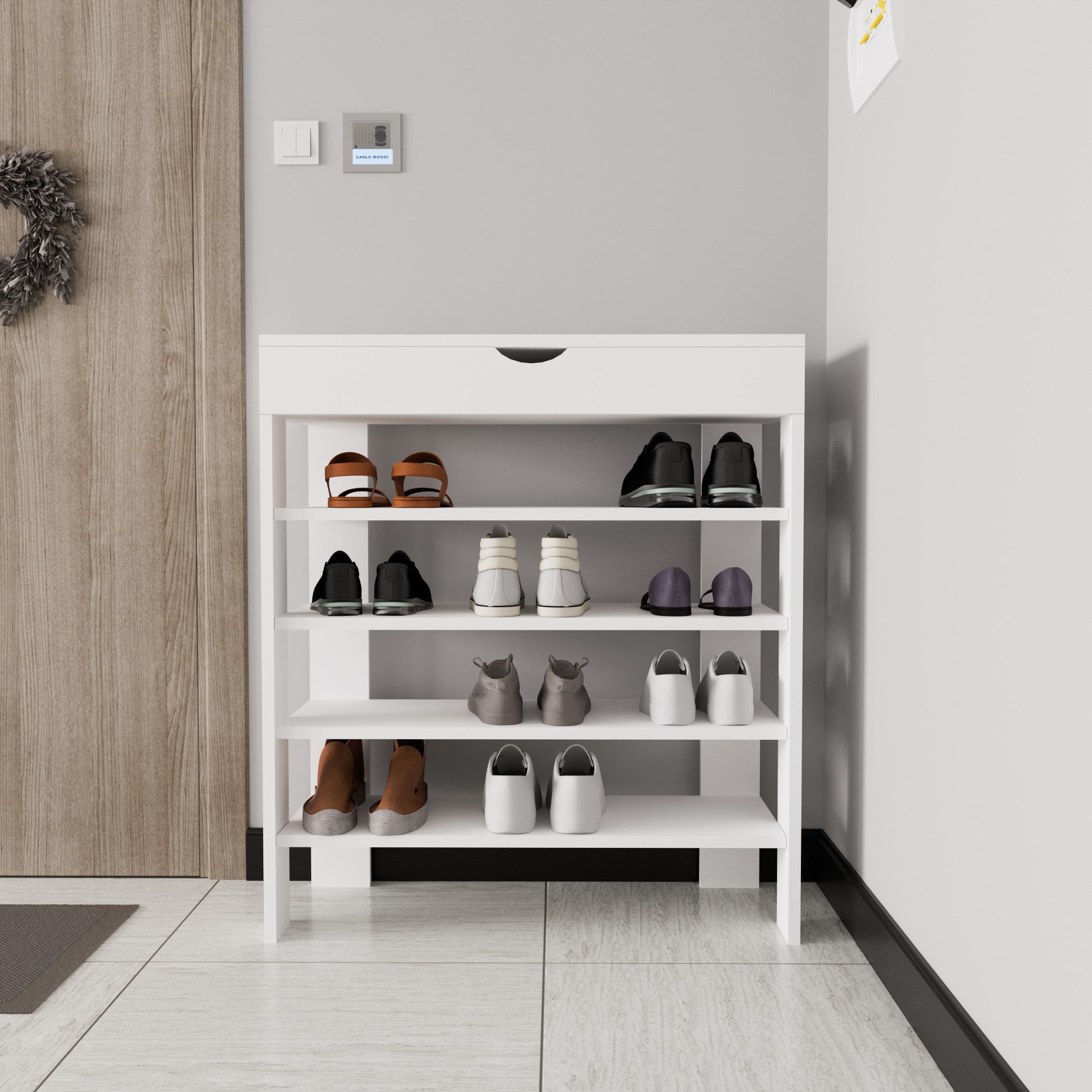 Sapateira branca estilosa, 80 x 90 x 30 cm | 100% aglomerado revestido em melamina, montável na parede, com várias prateleiras | perfeita para entradas organizadas