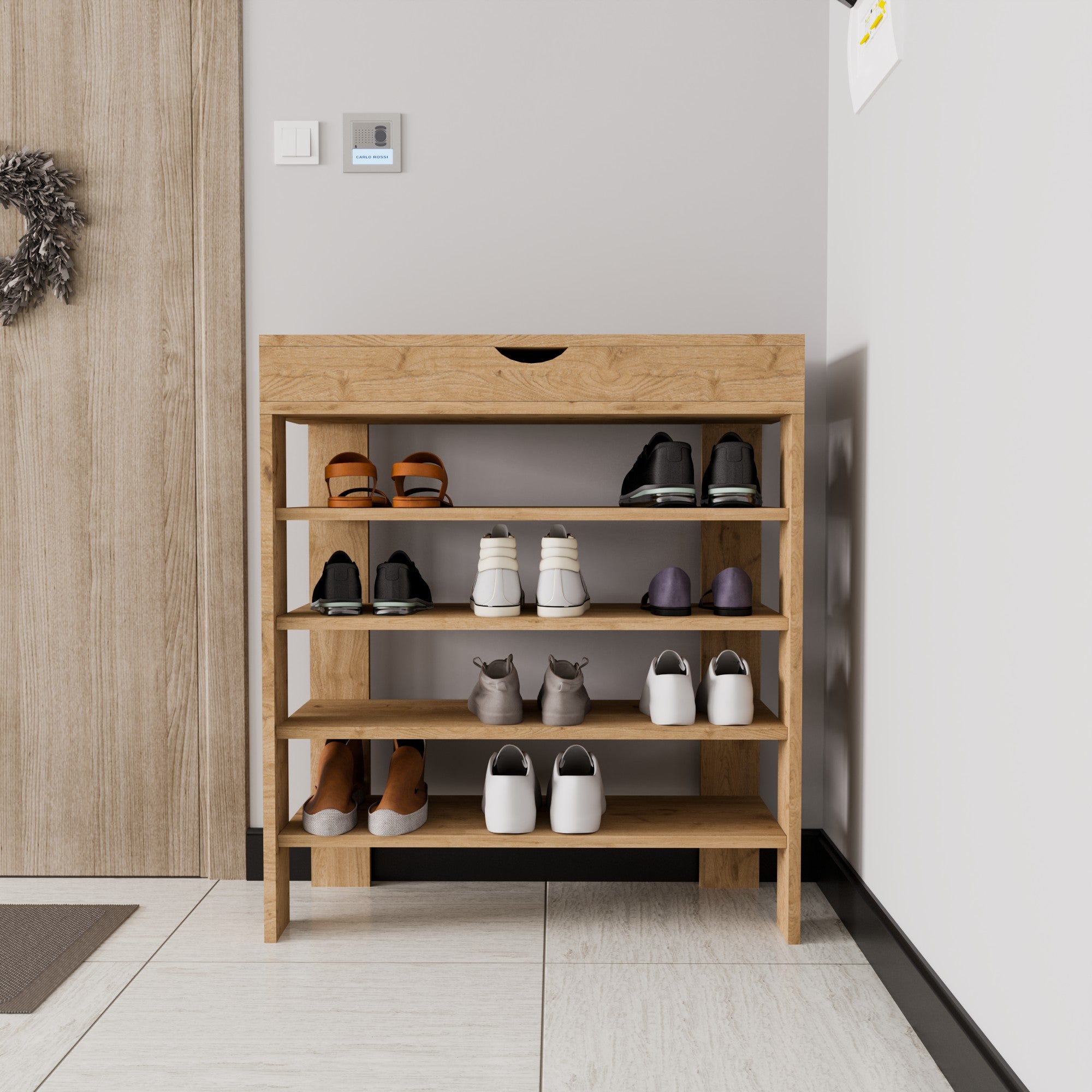 Elegante sapateira de carvalho, 80 x 90 x 30 cm | 100% aglomerado revestido em melamina, montável na parede, com várias prateleiras | Perfeito para organizar calçados