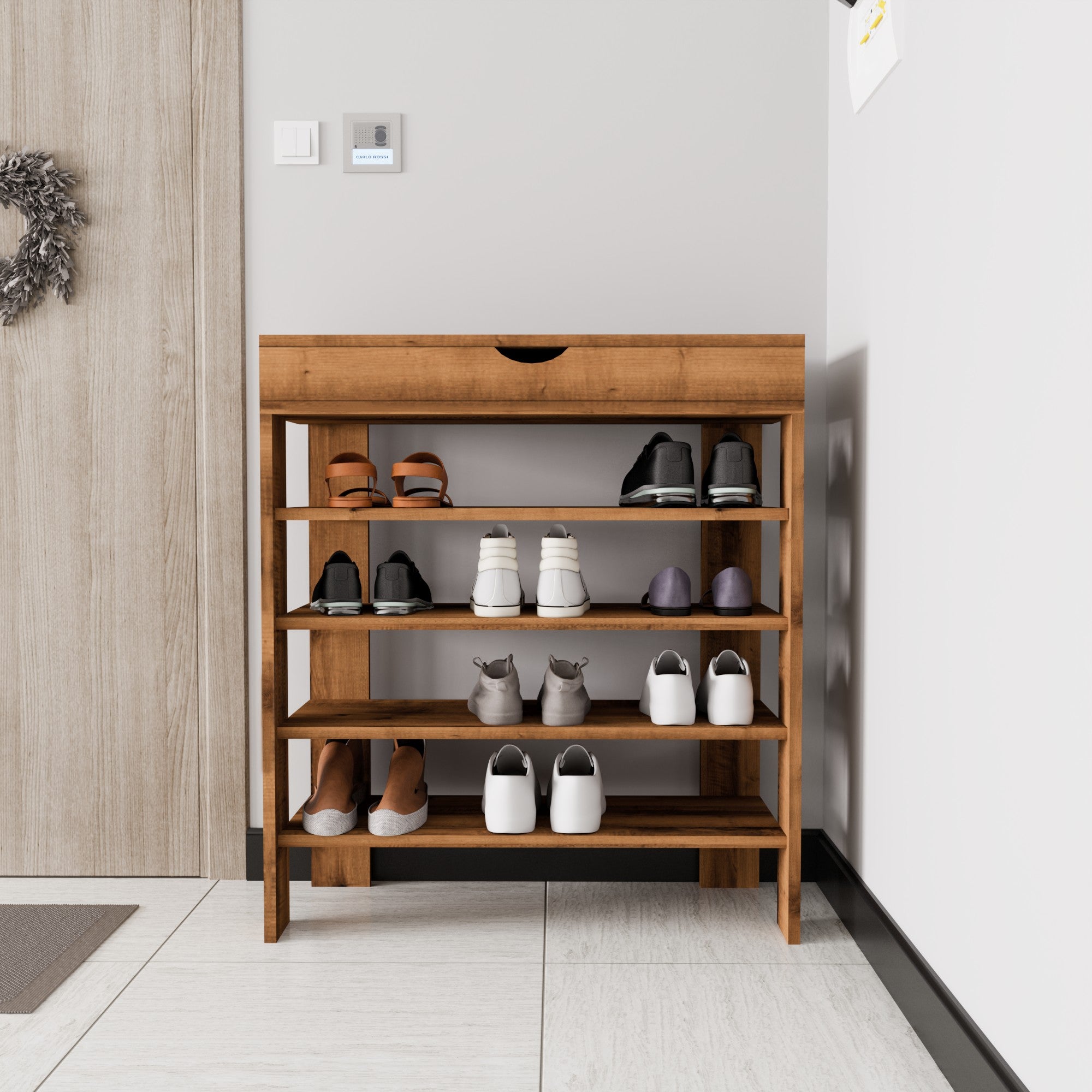 Sapateira estilosa, nogueira, 80 x 90 x 30 cm | Aglomerado 100% revestido em melamina, várias prateleiras, montagem na parede | Perfeito para entrada e armazenamento