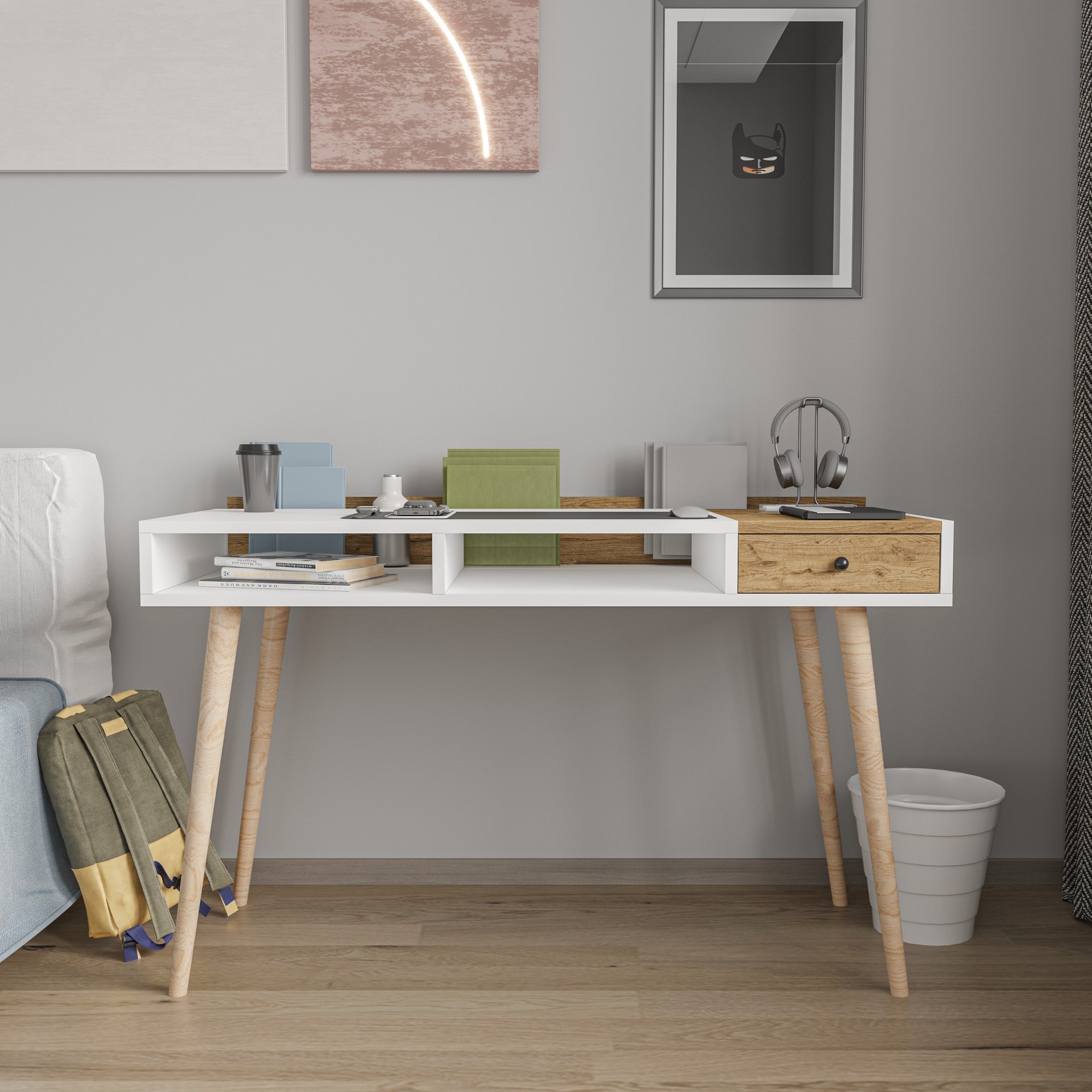 Secretária de Estudo – 120 cm x 72 cm x 53 cm – Branco e Carvalho – Aglomerado revestido a melamina
