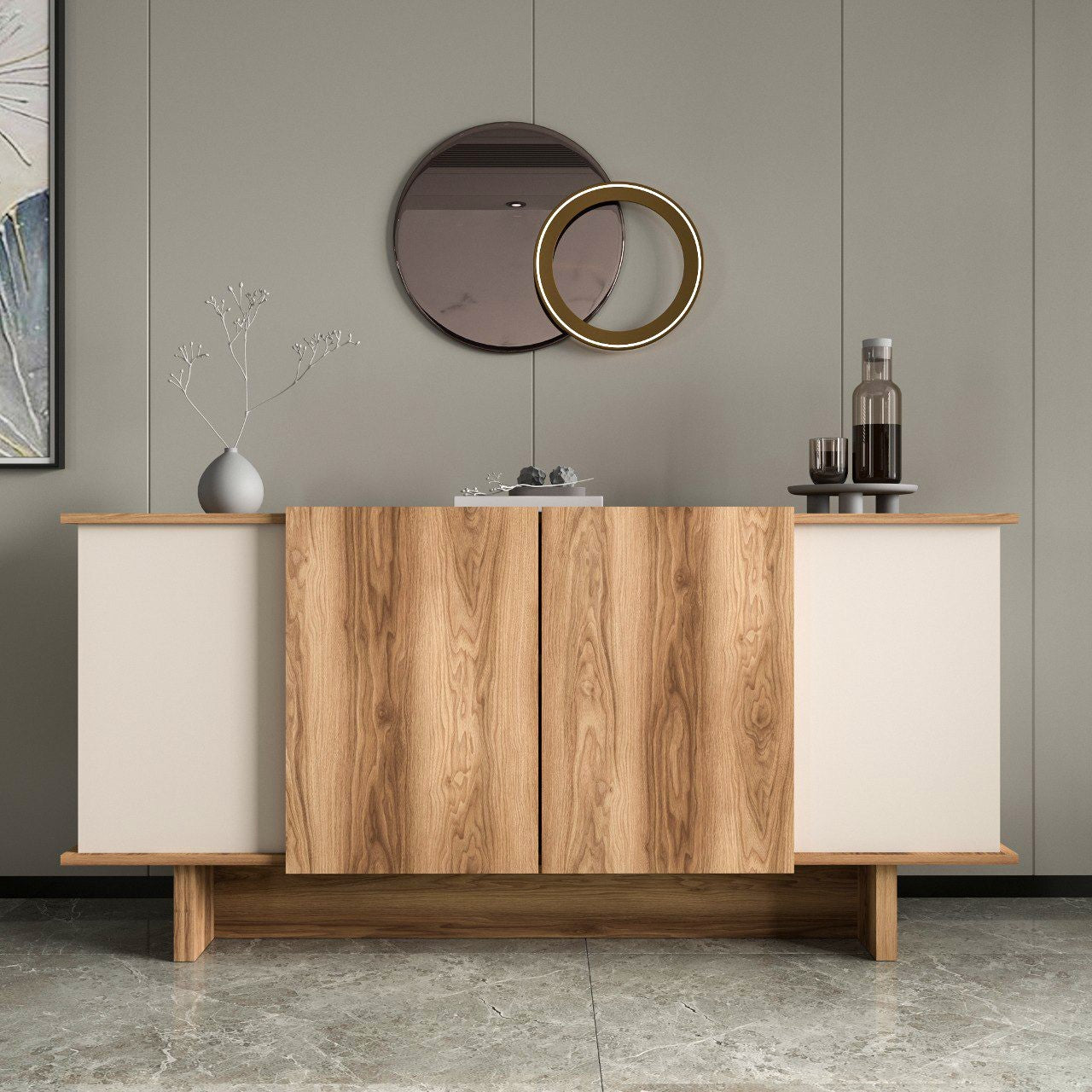 Aparador elegante – 180 x 81 x 40 cm – cor areia e nogueira – aglomerado revestido em melamina