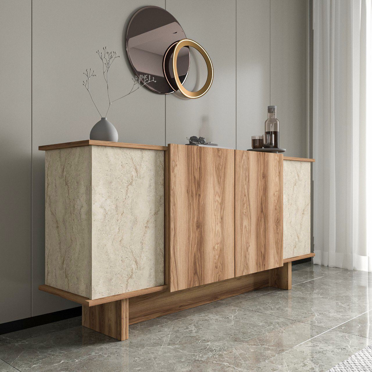Aparador – 180 cm x 81 cm x 40 cm – Travertino e nogueira – Aglomerado