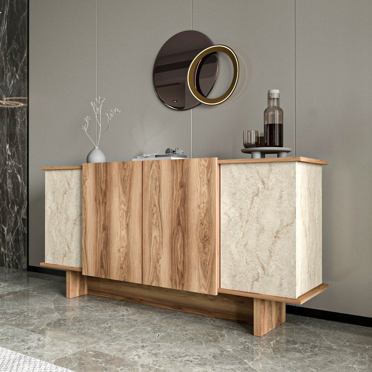 Aparador – 180 cm x 81 cm x 40 cm – Travertino e nogueira – Aglomerado