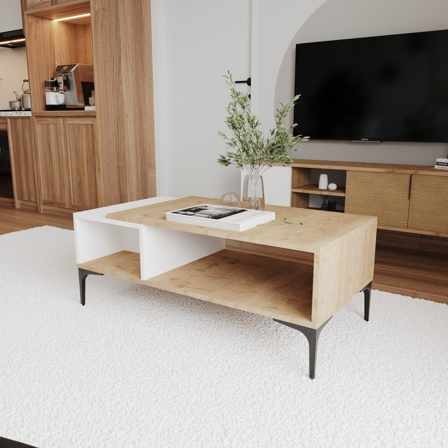 Mesa de Centro Elegante, Branca e Carvalho, 90 x 39 x 50 cm | Aglomerado 100% Revestido em Melamina | Design Moderno para Salas de Estar e Salas de Jantar