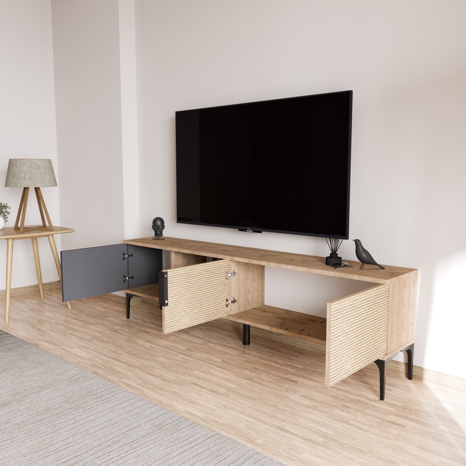 Móvel de TV – 180 cm x 49 cm x 33 cm – Antracite e Carvalho – Aglomerado revestido a melamina