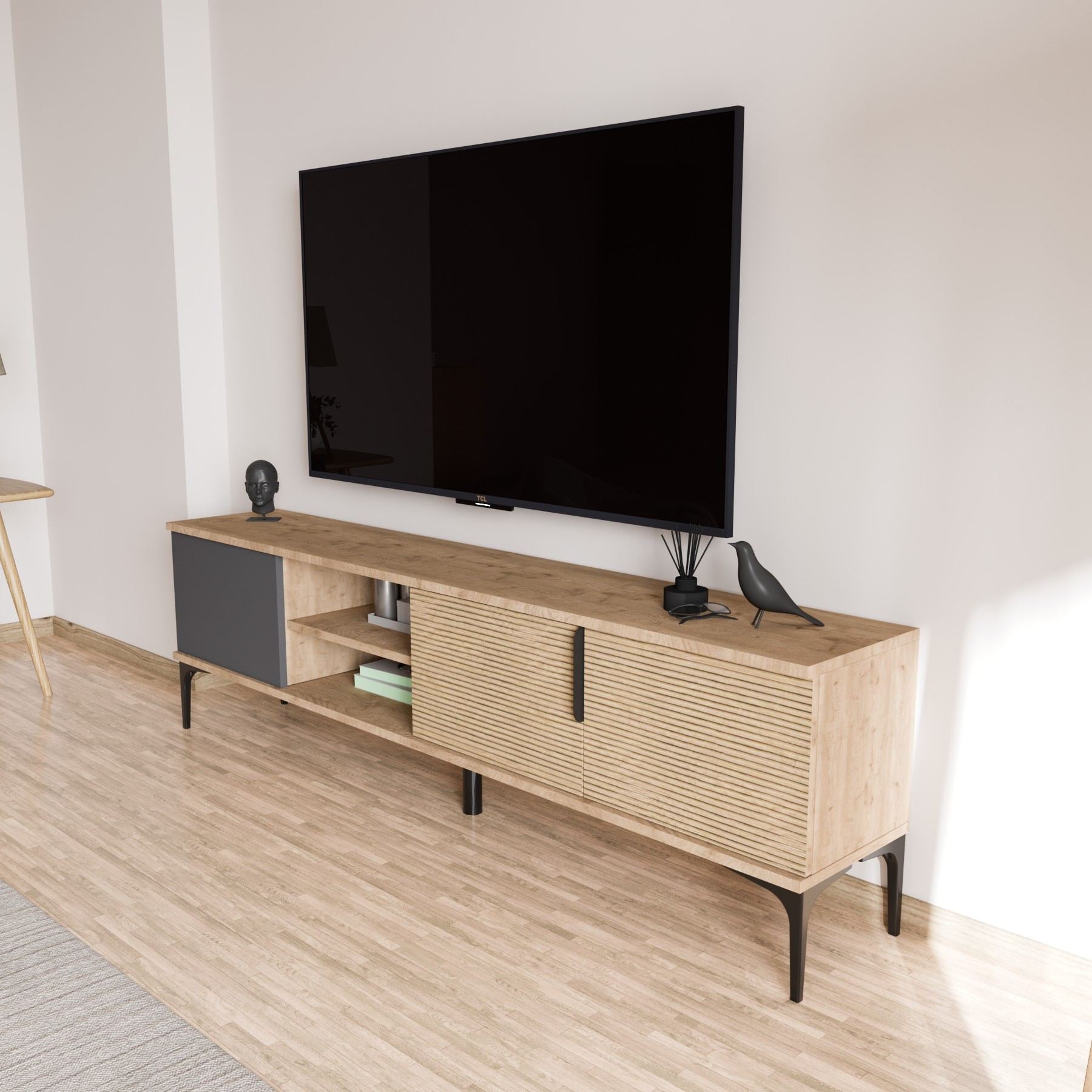 Móvel de TV – 180 cm x 49 cm x 33 cm – Antracite e Carvalho – Aglomerado revestido a melamina