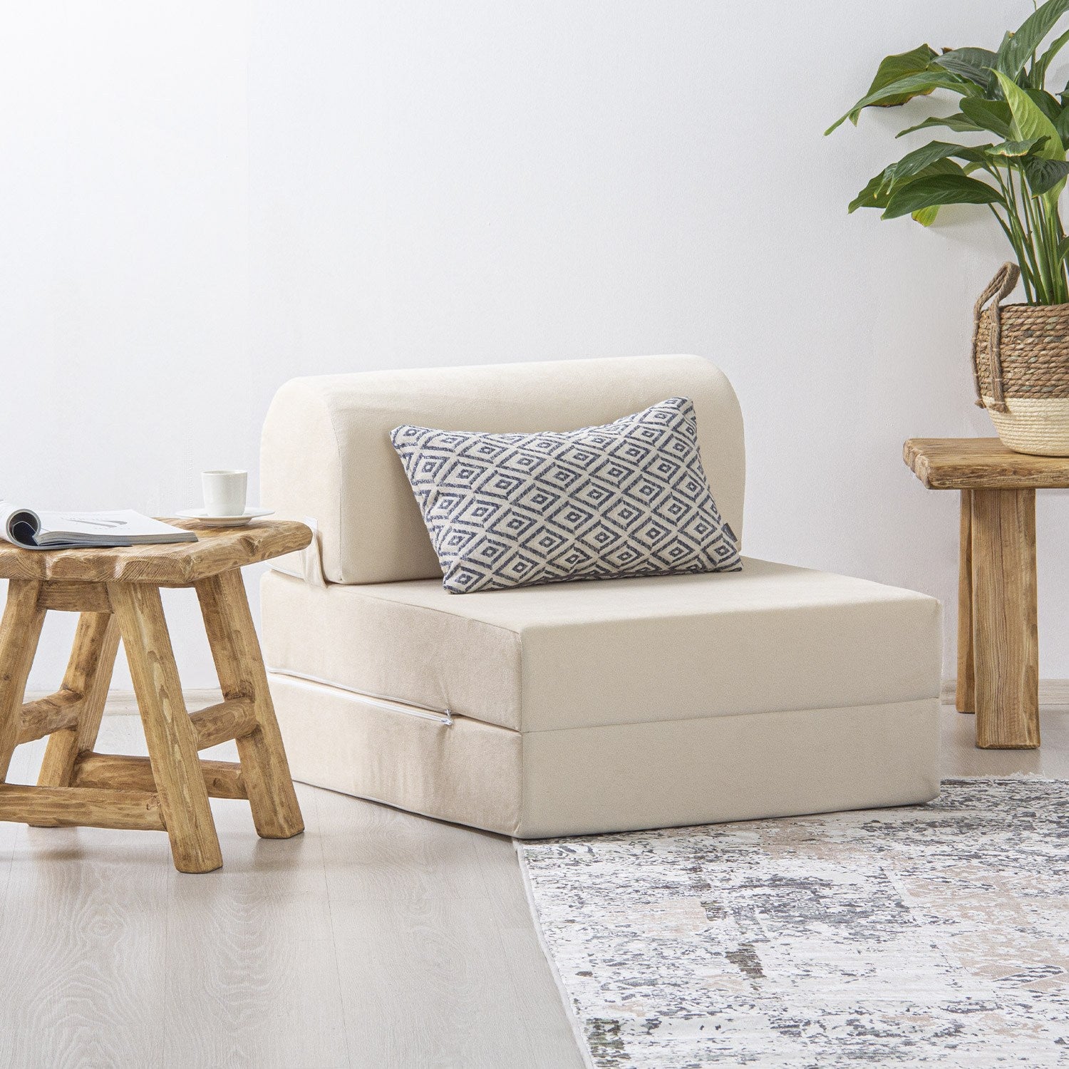 Sofá-Cama Magic Individual Beige - Veludo Premium Transformável