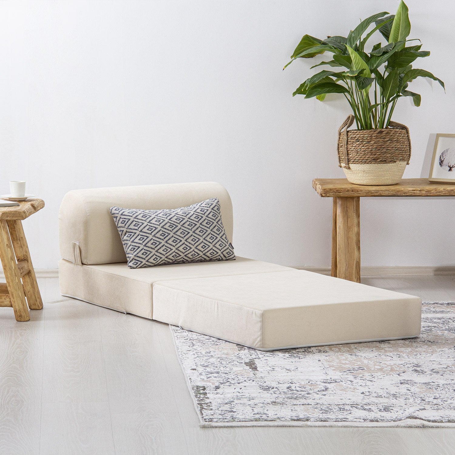 Sofá-Cama Magic Individual Beige - Veludo Premium Transformável
