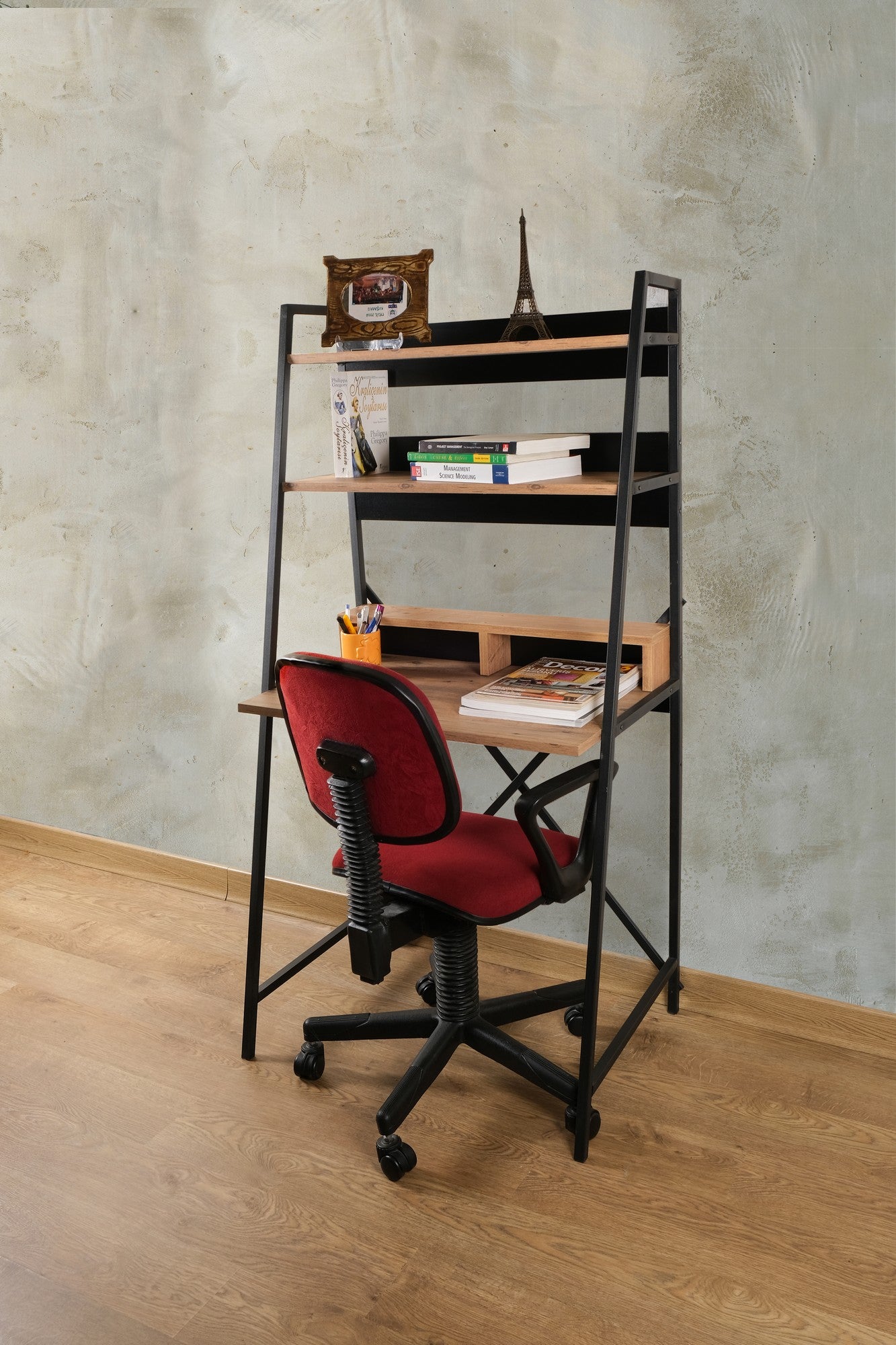 Secretária de Estudo e Estante – 75cm x 55cm x 105cm – Pinho Atlântico e Preto – Aglomerado e Metal