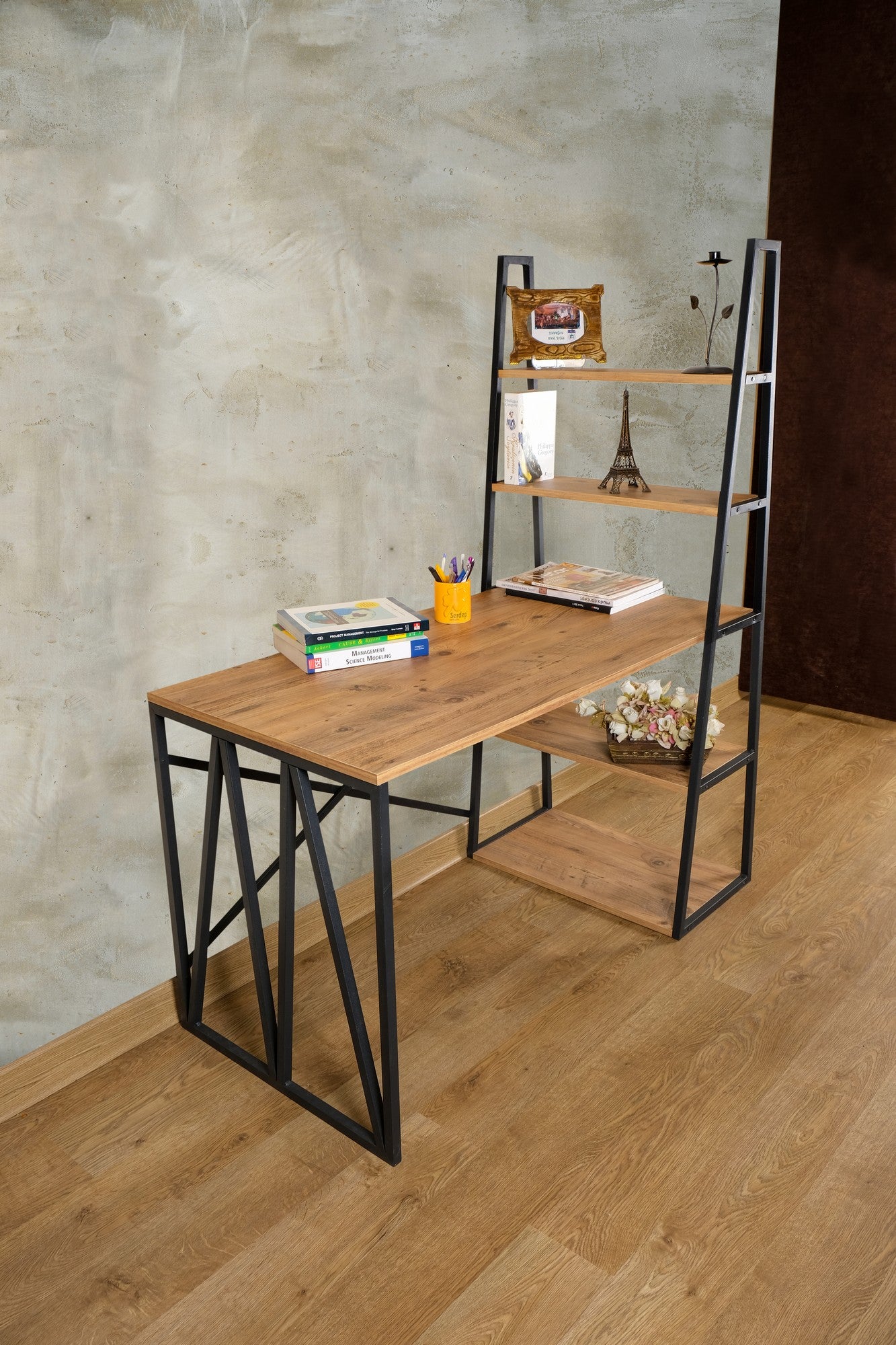 Secretária de Estudo e Estante – 125cm x 150cm x 60cm – Pinho Atlântico e Preto – Aglomerado e Metal