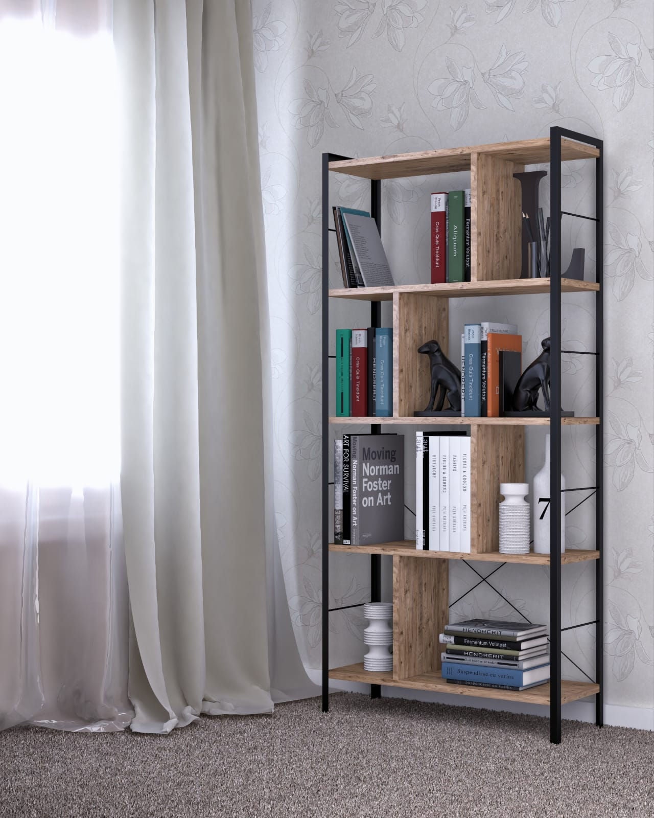 Estante de livros – 78cm x 150cm x 26cm – Castanho e Preto – Melamina e Metal