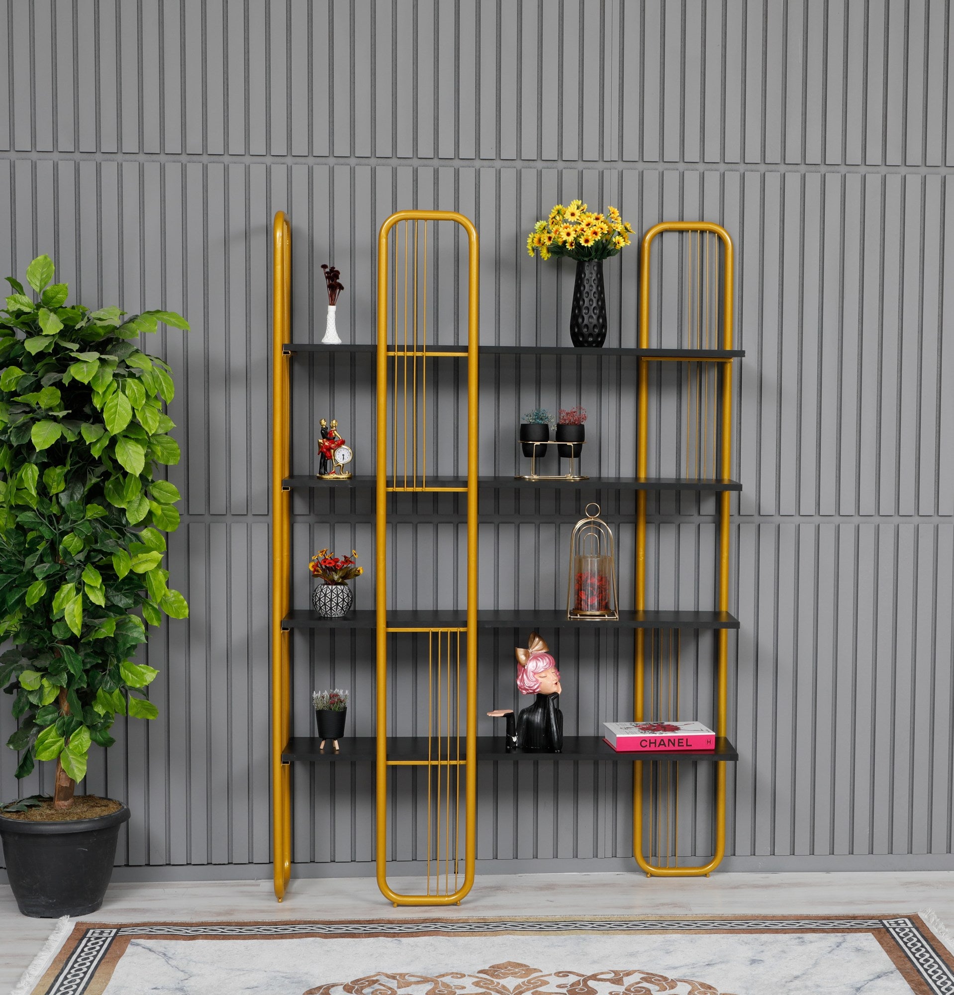 Estante de livros – 125 cm x 180 cm x 28 cm – Preto e Dourado – Painel de partículas e Metal