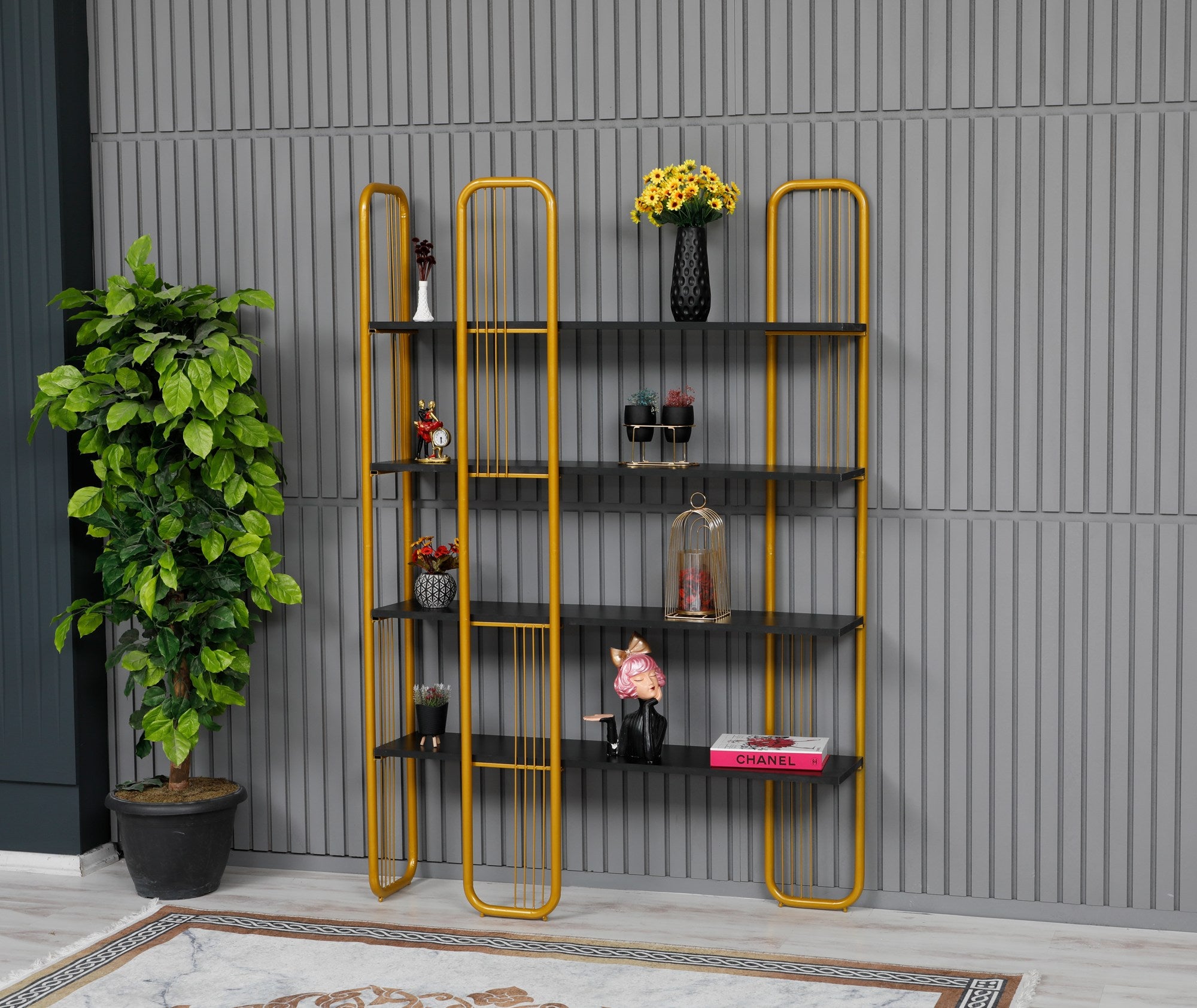 Estante de livros – 125 cm x 180 cm x 28 cm – Preto e Dourado – Painel de partículas e Metal