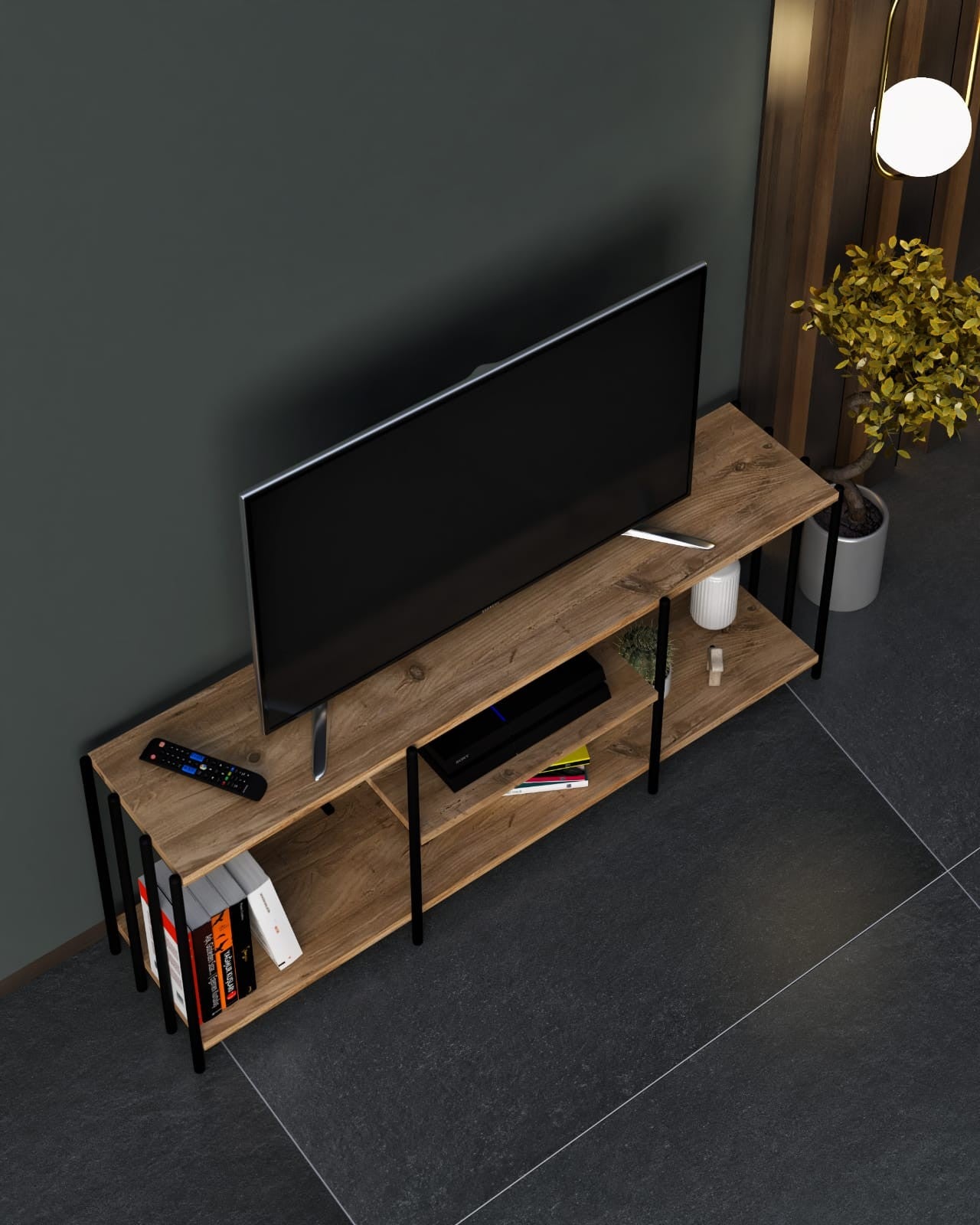 Móvel de TV – 124cm x 46cm x 26cm – Preto – Metal e Painéis de partículas