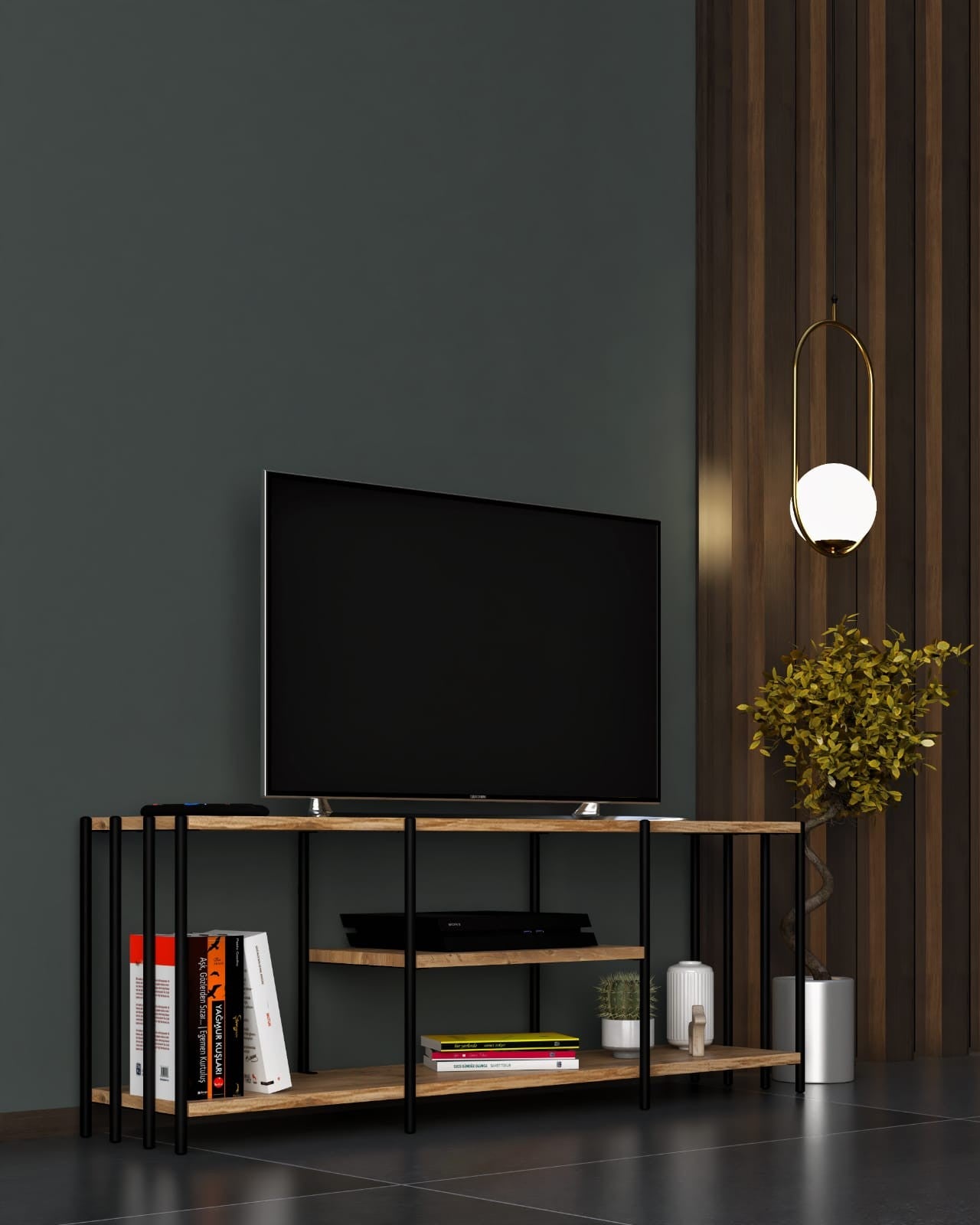 Móvel de TV – 124cm x 46cm x 26cm – Preto – Metal e Painéis de partículas