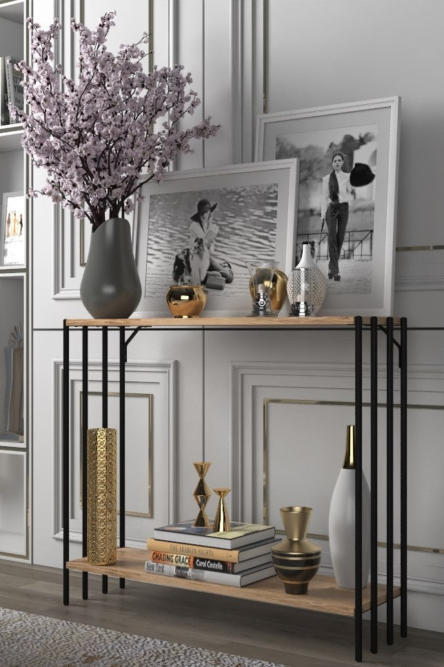 Aparador elegante, preto e pinho atlântico, 90 x 74 x 26 cm | Painel de partículas 100% revestido em melamina, 18 mm de espessura, estrutura de metal resistente | Ideal para espaços de convivência modernos