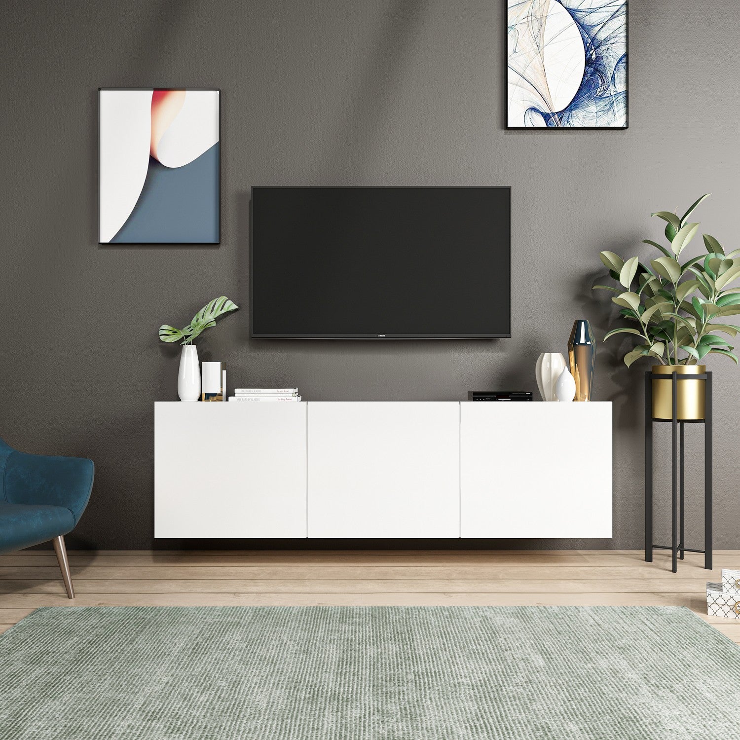Móvel de TV moderno – 150 cm – Branco – Painel de partículas revestido a melamina
