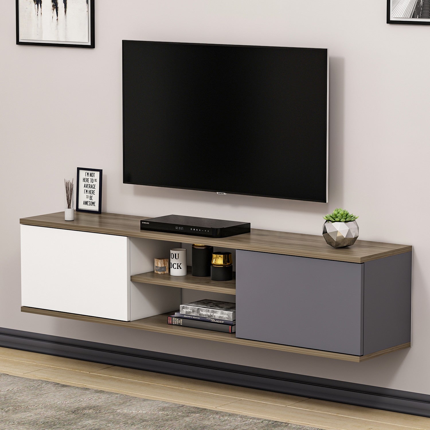 Móvel de TV – 160 cm x 33,2 cm x 32 cm – Antracite, Nogueira, Branco – Melamina