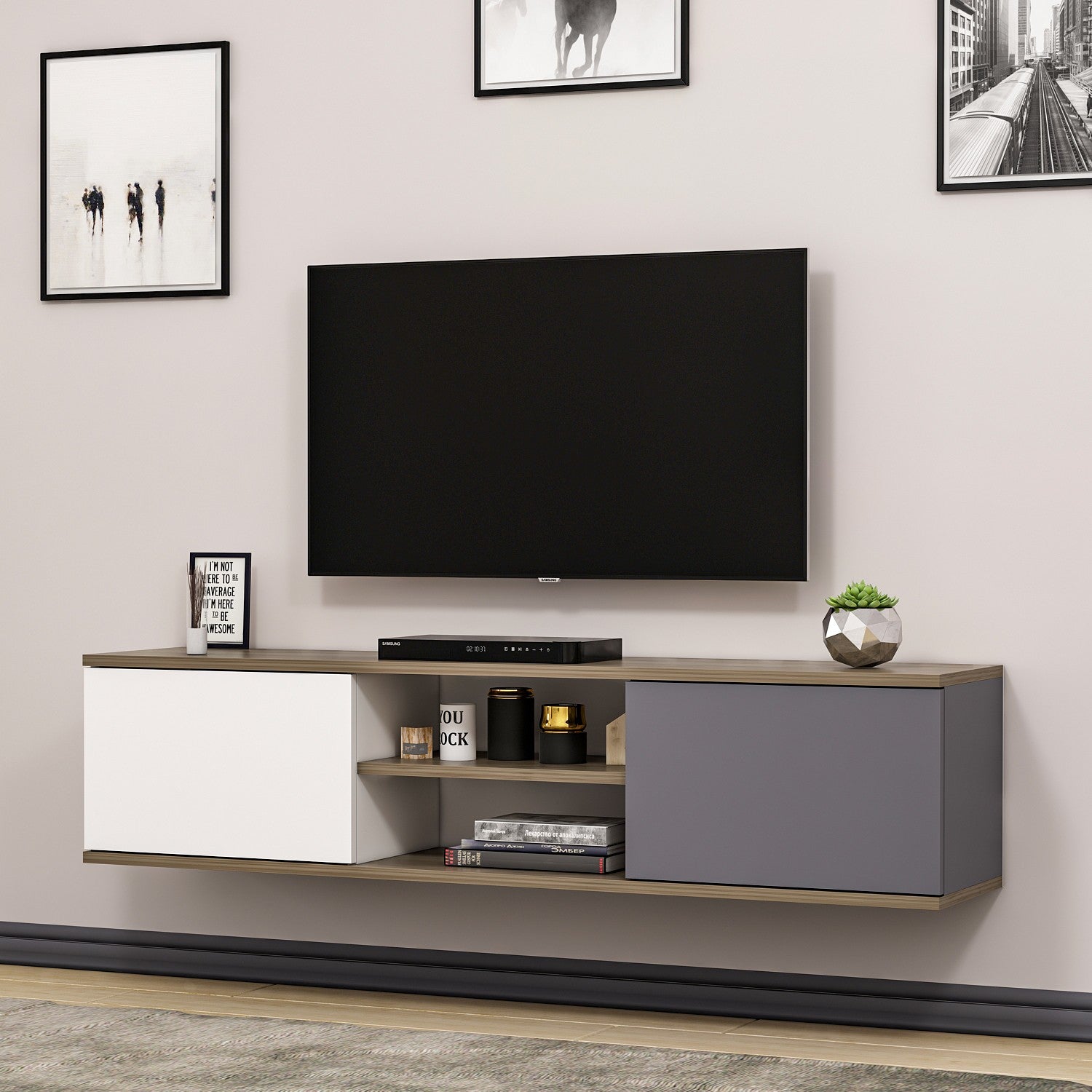 Móvel de TV – 160 cm x 33,2 cm x 32 cm – Antracite, Nogueira, Branco – Melamina