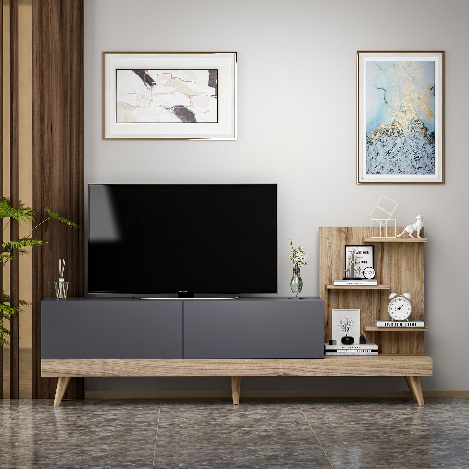 Móvel de TV – 180 cm x 82 cm x 37 cm – Antracite e Nogueira – Painel de partículas revestido a melamina