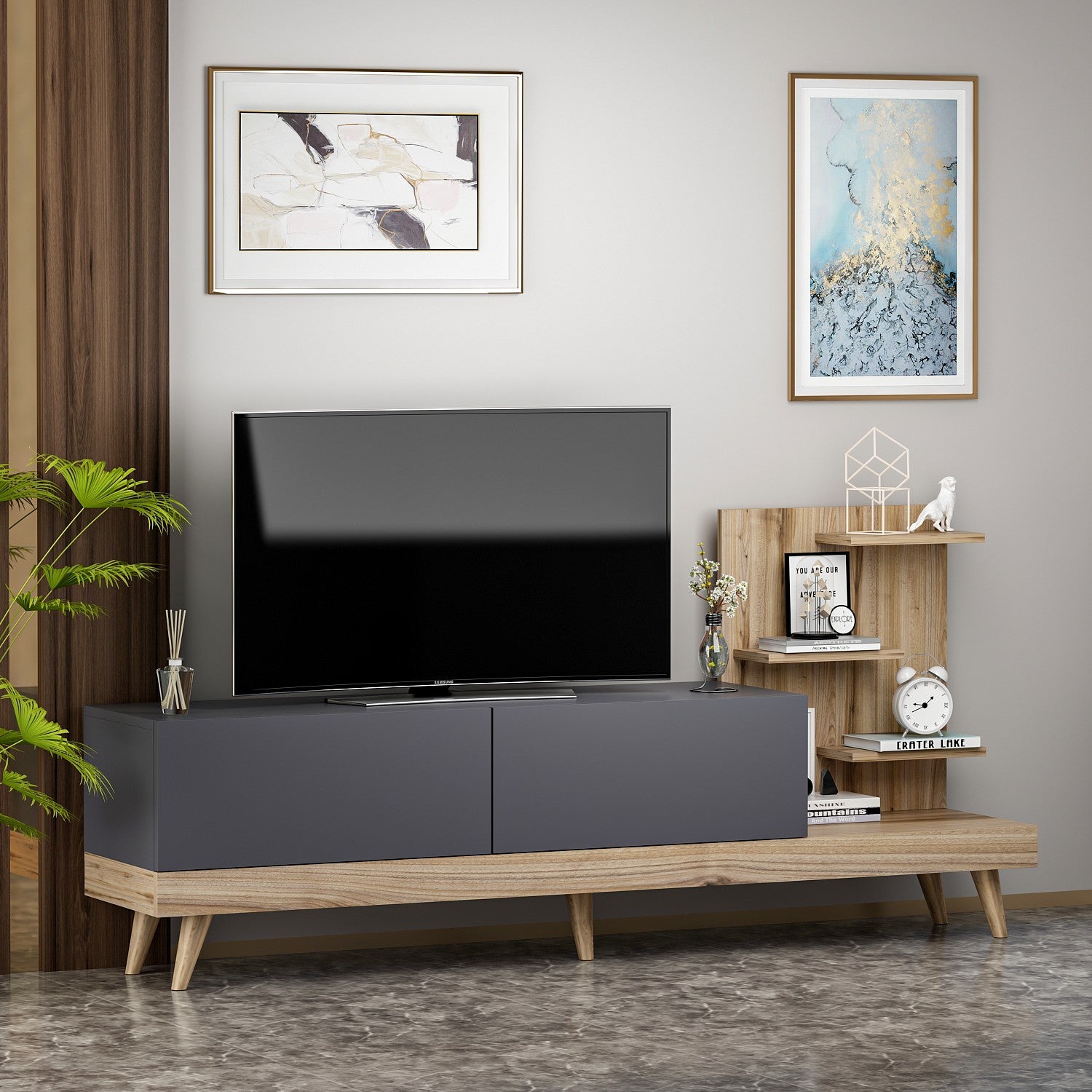 Móvel de TV – 180 cm x 82 cm x 37 cm – Antracite e Nogueira – Painel de partículas revestido a melamina