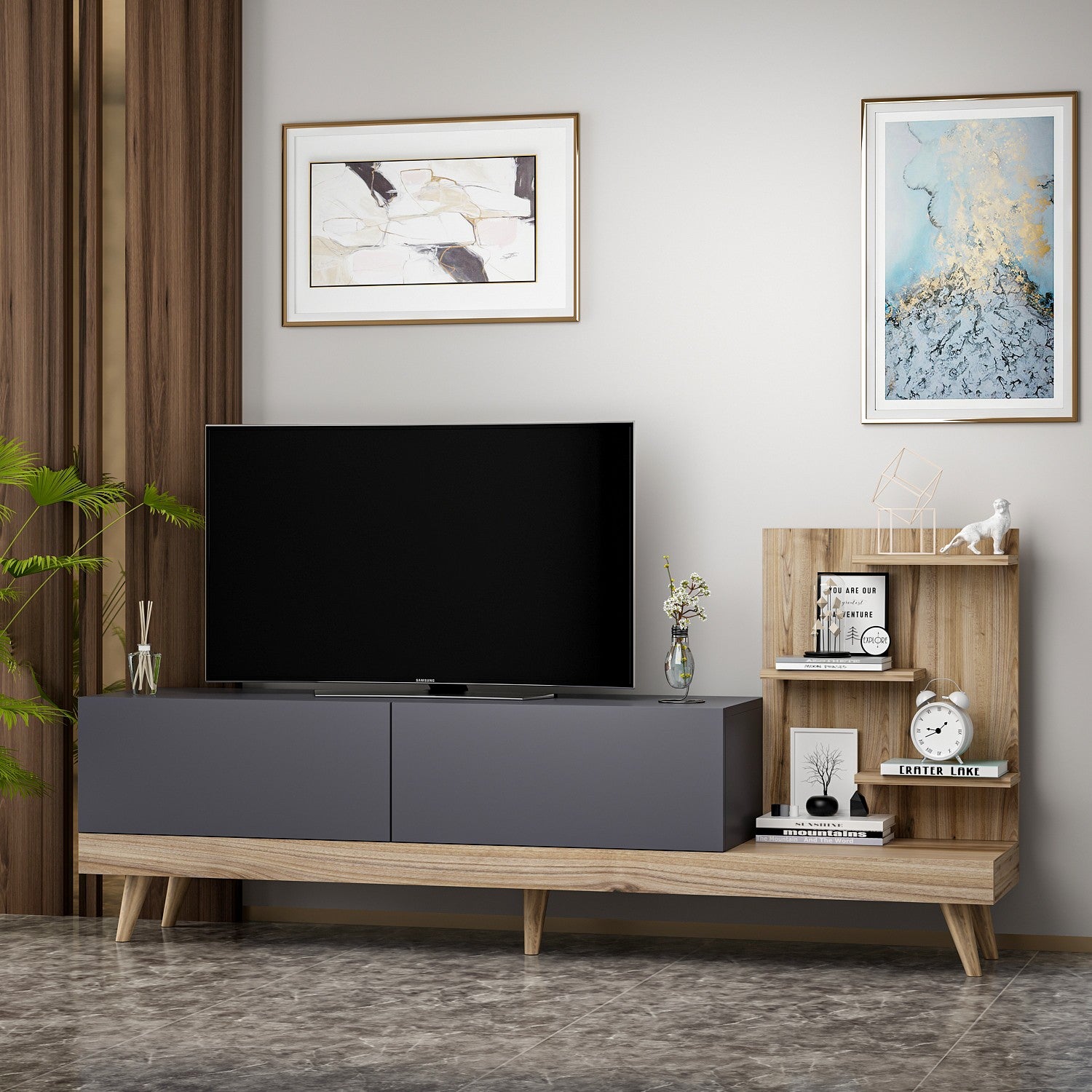 Móvel de TV – 180 cm x 82 cm x 37 cm – Antracite e Nogueira – Painel de partículas revestido a melamina