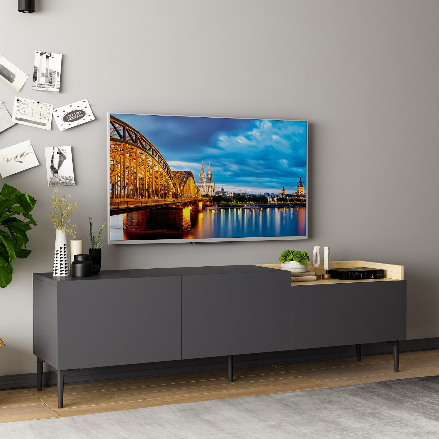 Móvel de TV – 160 cm x 48 cm x 37 cm – Antracite – Painéis de partículas revestidos a melamina