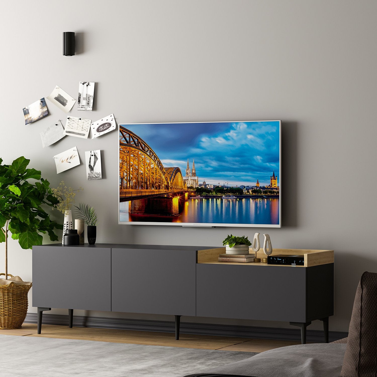 Móvel de TV – 160 cm x 48 cm x 37 cm – Antracite – Painéis de partículas revestidos a melamina
