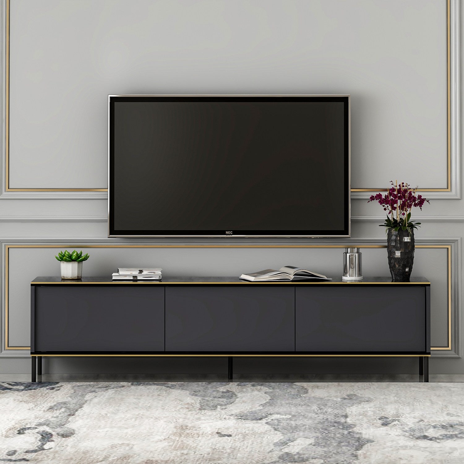Suporte de TV elegante em antracite, 180 cm de largura, 45,2 cm de altura, 35 cm de profundidade | 100% revestido em melamina, 18 mm de espessura | Montável na parede com várias prateleiras