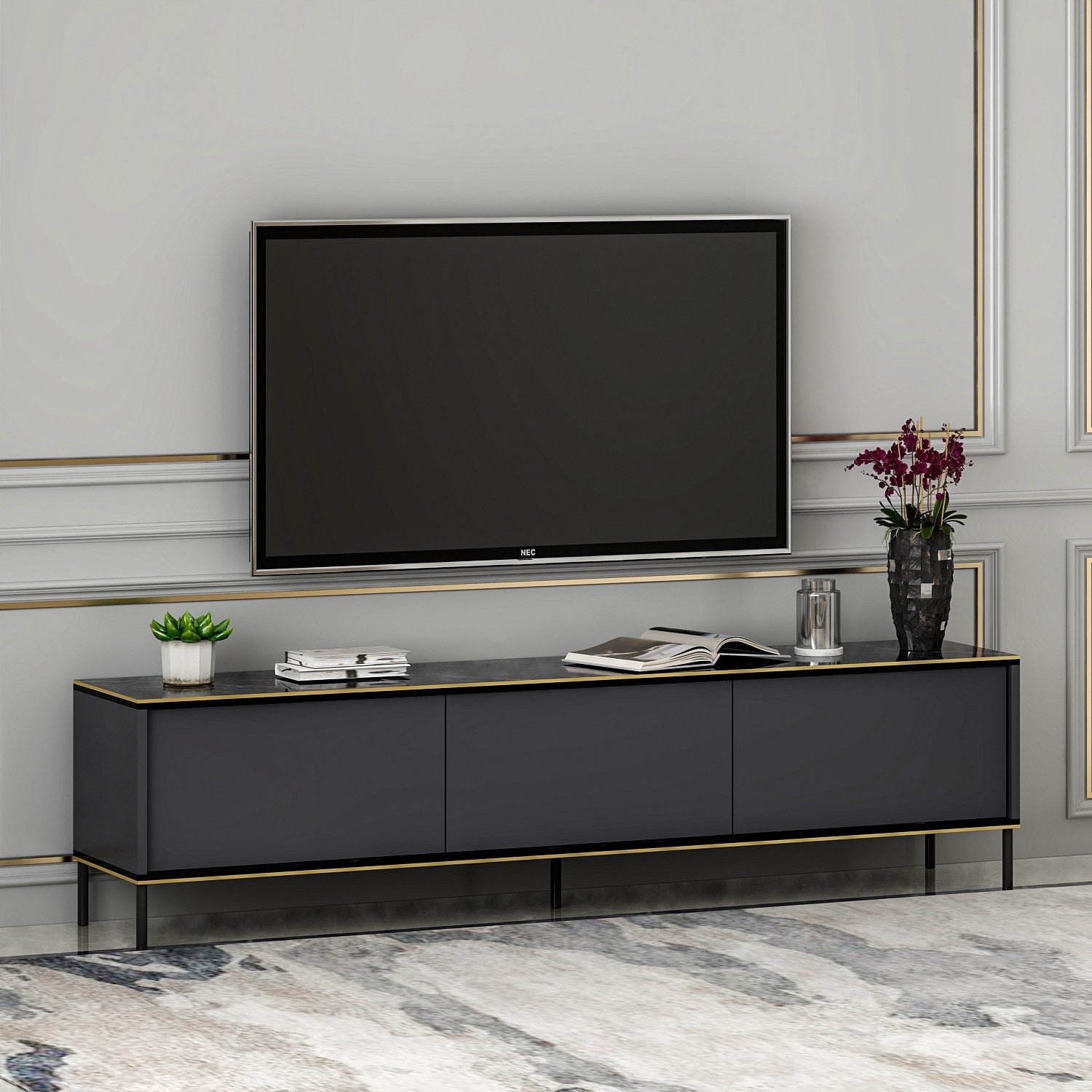 Suporte de TV elegante em antracite, 180 cm de largura, 45,2 cm de altura, 35 cm de profundidade | 100% revestido em melamina, 18 mm de espessura | Montável na parede com várias prateleiras