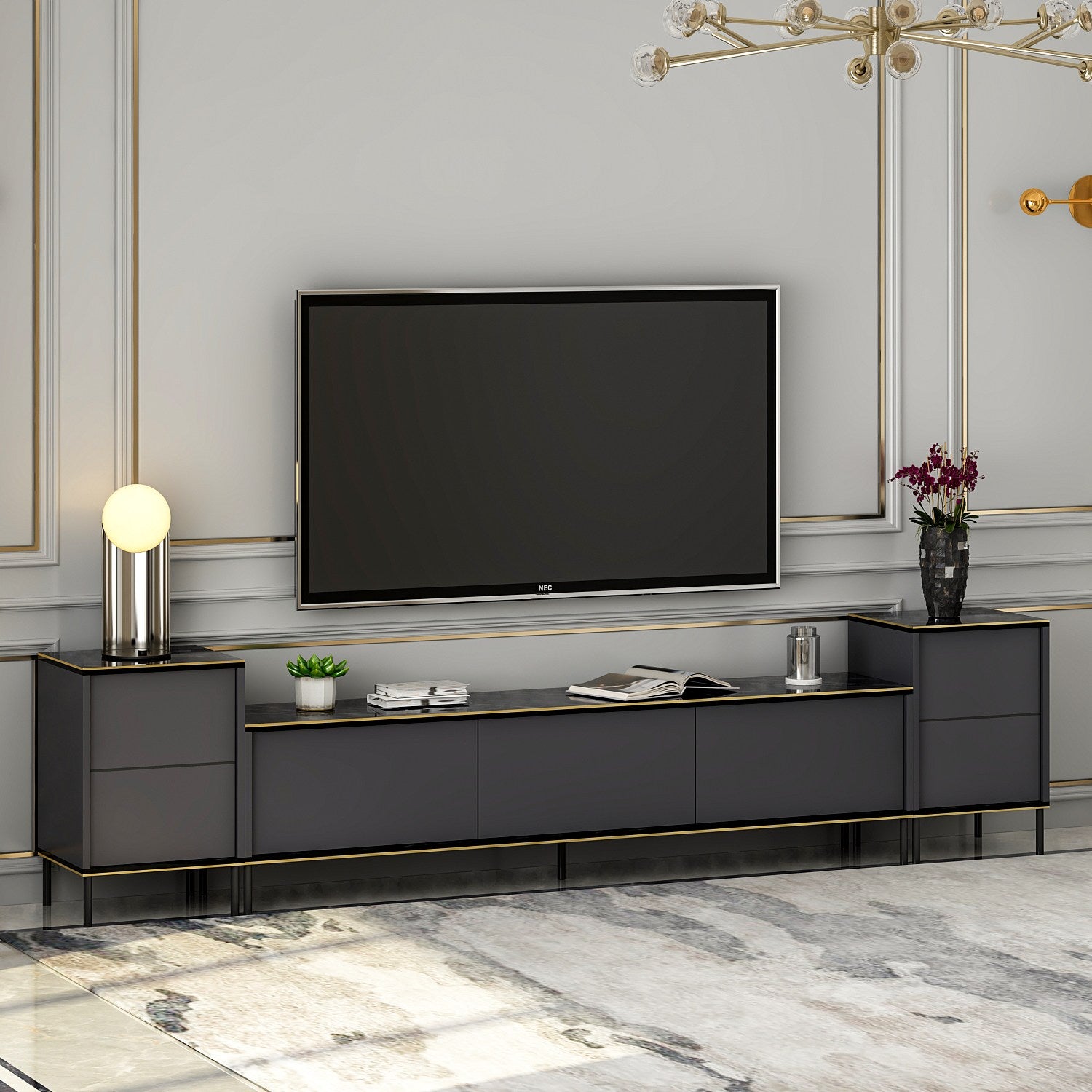 Móvel de TV elegante em antracite, 180 cm de largura, 45,2 cm de altura, 35 cm de profundidade | 100% revestido em melamina, 18 mm de espessura | Montável na parede com várias prateleiras