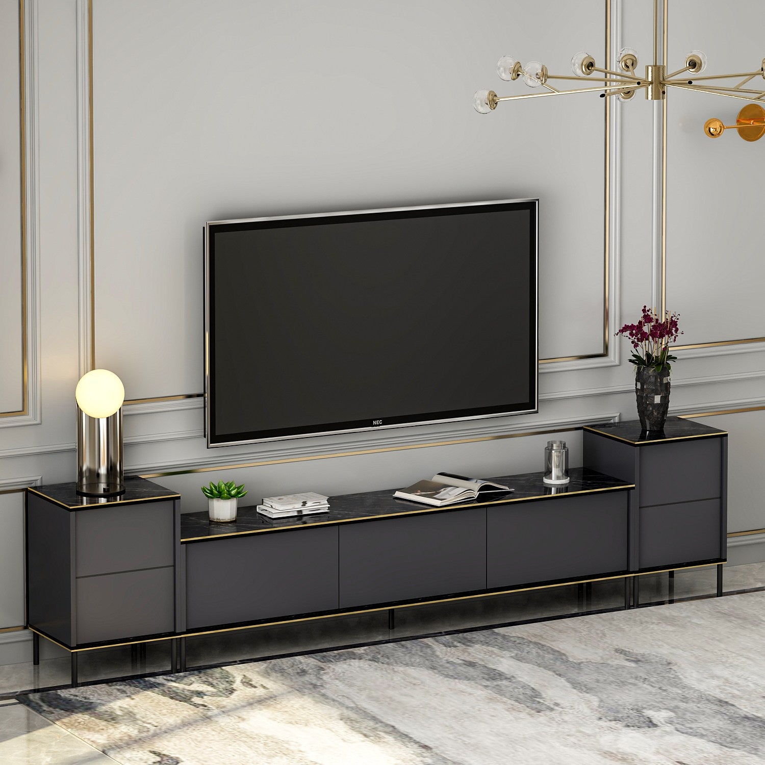 Móvel de TV elegante em antracite, 180 cm de largura, 45,2 cm de altura, 35 cm de profundidade | 100% revestido em melamina, 18 mm de espessura | Montável na parede com várias prateleiras