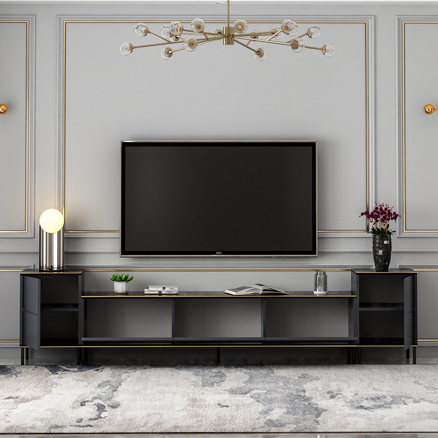 Móvel de TV elegante em antracite, 180 cm de largura, 45,2 cm de altura, 35 cm de profundidade | 100% revestido em melamina, 18 mm de espessura | Montável na parede com várias prateleiras