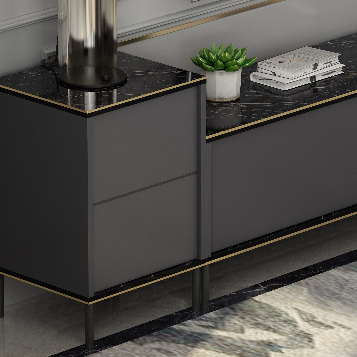 Móvel de TV elegante em antracite, 180 cm de largura, 45,2 cm de altura, 35 cm de profundidade | 100% revestido em melamina, 18 mm de espessura | Montável na parede com várias prateleiras