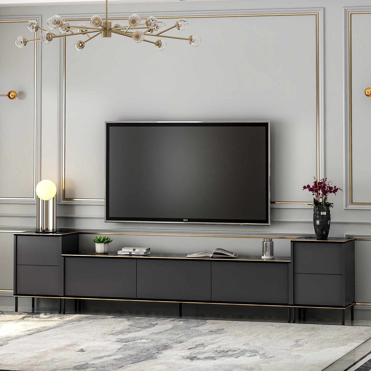Móvel de TV elegante em antracite, 180 cm de largura, 45,2 cm de altura, 35 cm de profundidade | 100% revestido em melamina, 18 mm de espessura | Montável na parede com várias prateleiras