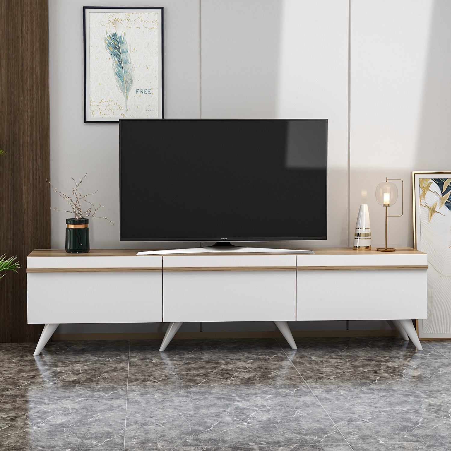 Móvel de TV – 180 cm x 42 cm x 35 cm – Branco – Painel de partículas revestido a melamina