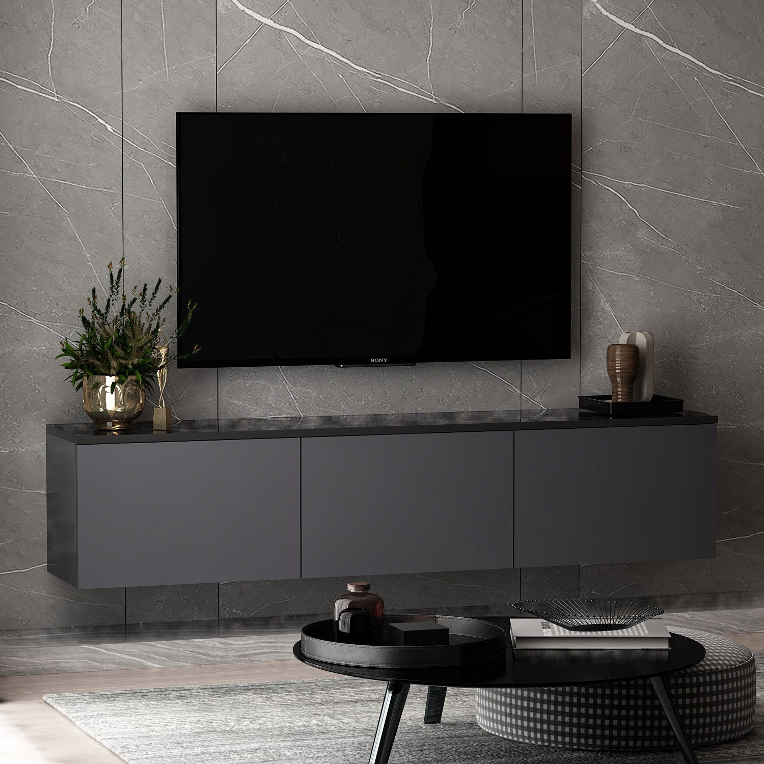 Móvel de TV – 160 cm largura, 35 cm altura, 32 cm profundidade – Antracite – Painel de partículas revestido a melamina