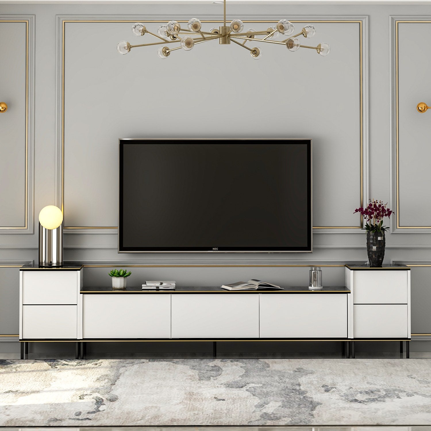 Móvel de TV elegante com mesas de cabeceira (3 peças), branco e preto com detalhes dourados | 100% revestido em melamina, 18 mm de espessura | Prateleiras espaçosas, design moderno para sala de estar