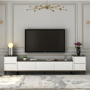 Móvel de TV elegante com mesas de cabeceira (3 peças), branco e preto com detalhes dourados | 100% revestido em melamina, 18 mm de espessura | Prateleiras espaçosas, design moderno para sala de estar