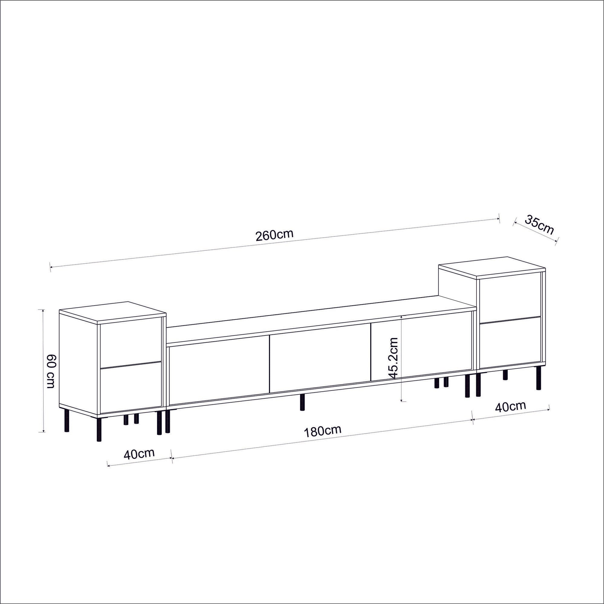 Móvel de TV elegante com mesas de cabeceira (3 peças), branco e preto com detalhes dourados | 100% revestido em melamina, 18 mm de espessura | Prateleiras espaçosas, design moderno para sala de estar