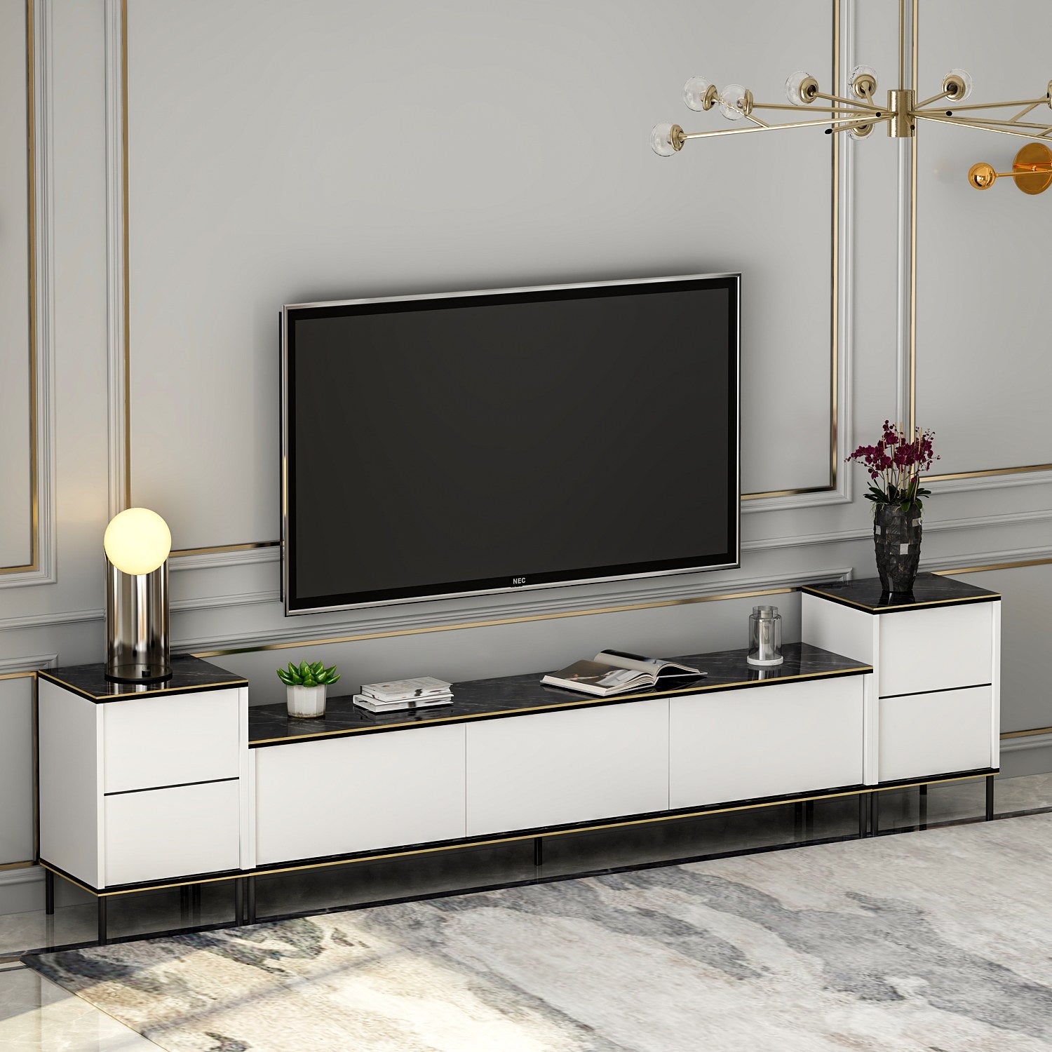 Móvel de TV elegante com mesas de cabeceira (3 peças), branco e preto com detalhes dourados | 100% revestido em melamina, 18 mm de espessura | Prateleiras espaçosas, design moderno para sala de estar