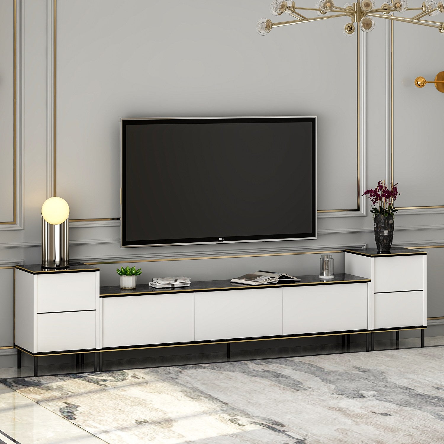 Móvel de TV elegante com mesas de cabeceira (3 peças), branco e preto com detalhes dourados | 100% revestido em melamina, 18 mm de espessura | Prateleiras espaçosas, design moderno para sala de estar